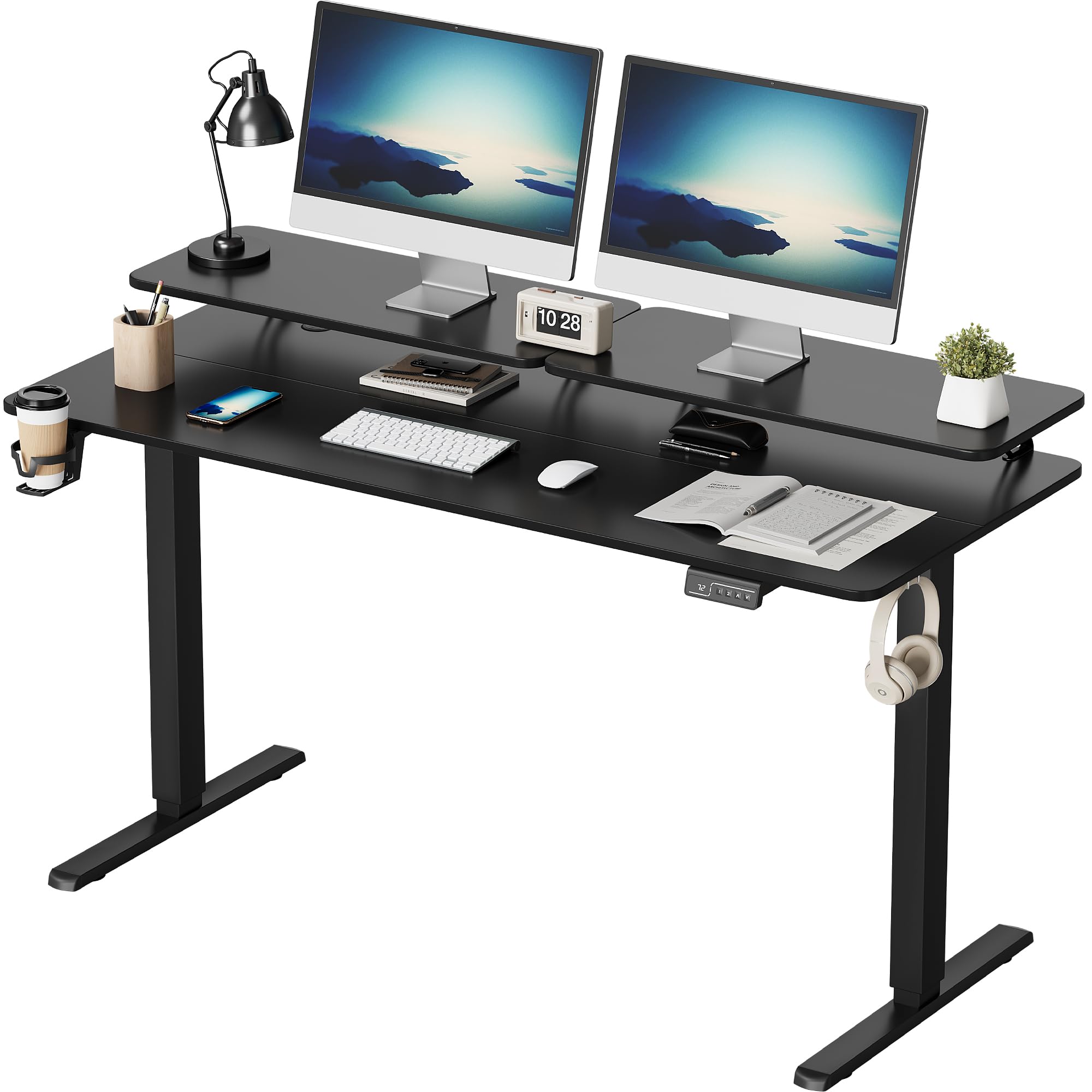 Furmax 55 x 24 Inches Electric Height Adjustable Standing Desk with Monitor & Laptop Workstation - Sit Stand Up Computer Desk with Cup Holder, Hook & Cable Management Holes in Carbon Black - Perfect for Home Office, Gaming Setup & Remote Work