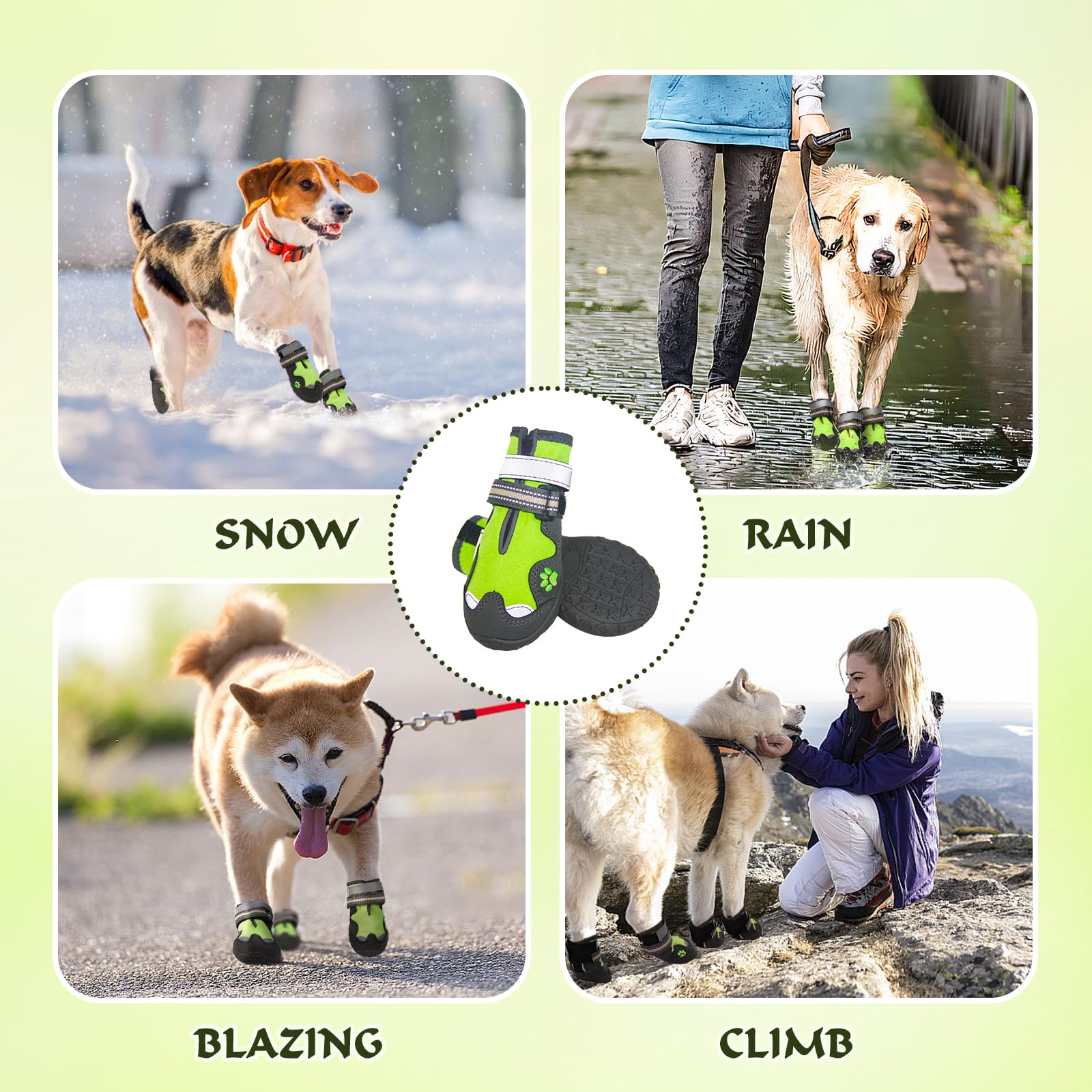 FISHOAKY Anti-Slip Dog Boots for Large Dogs - Waterproof Paw Protectors for Winter Snow & Hot Summer Pavement - 4 Pack Green Dog Shoes Size 8 - Perfect for Hiking, Walking & Outdoor Adventures
