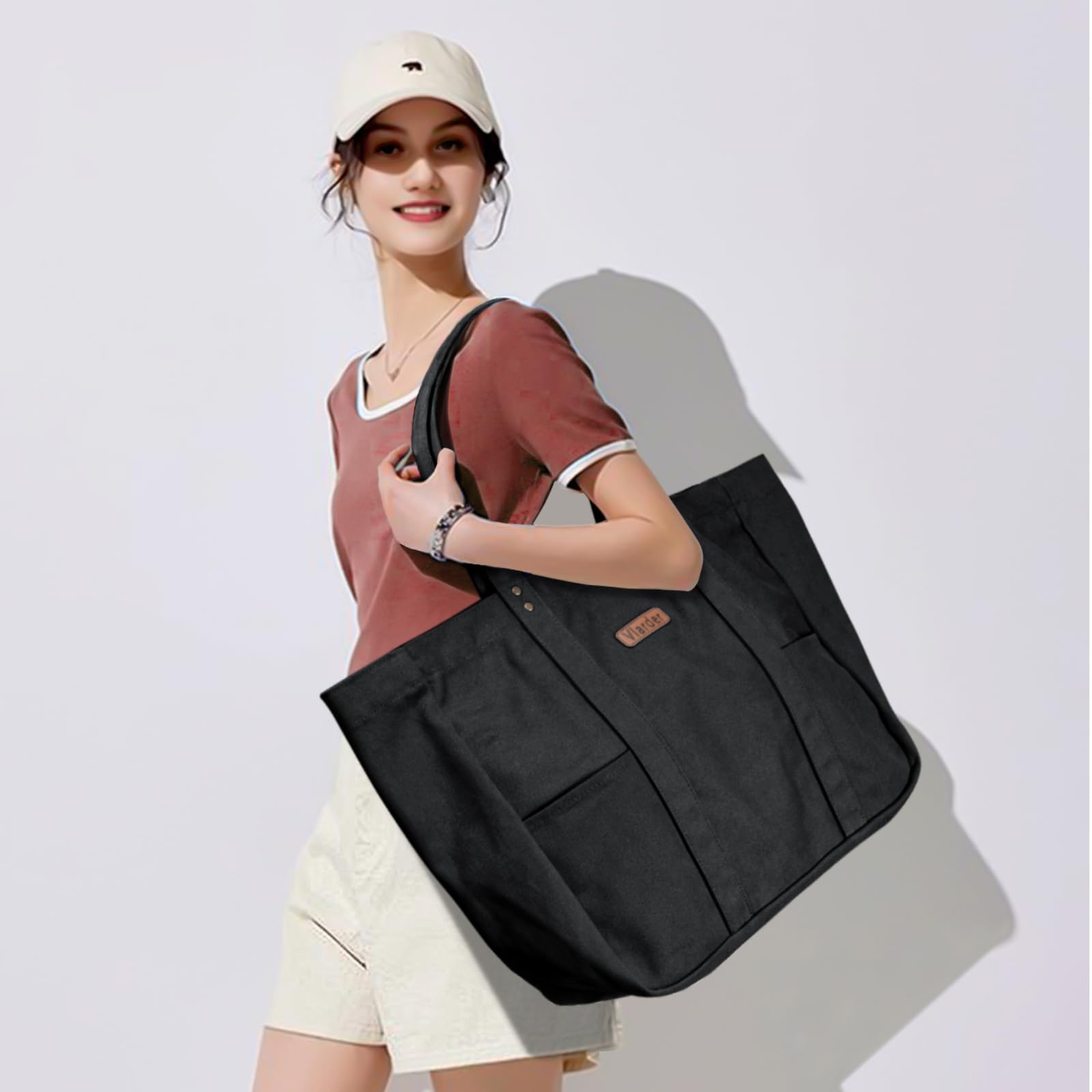 Stylish Large Canvas Tote Bag for Women with 2 Front Pockets & Laptop Compartment - Perfect for Work, Travel, Beach & Gym Essentials | Durable & Spacious Everyday Carryall