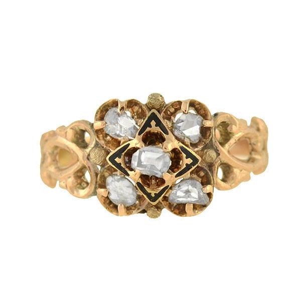 Victorian Style 14K Gold Diamond & Enamel Floral Ring - Elegant Antique Jewelry for Weddings, Anniversaries & Special Occasions
