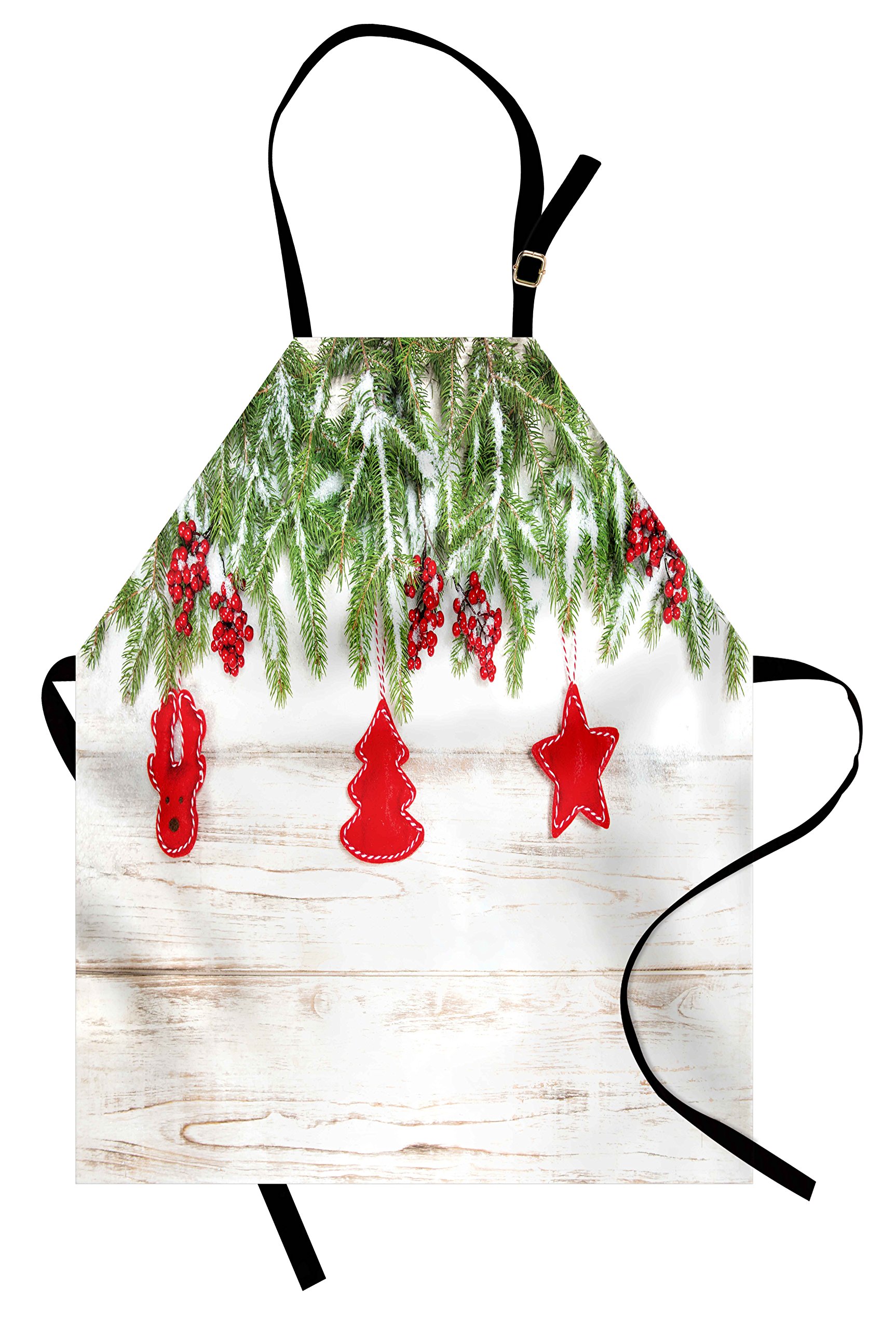 Ambesonne Christmas Apron - Rustic Noel Tree Branches with Ornaments & Berries Print, Adjustable Unisex Kitchen Bib for Cooking, Baking & Holiday Decorating, Adult Size Beige & Red - Perfect for Holiday Cooking, Gift Wrapping & Festive Home Decor