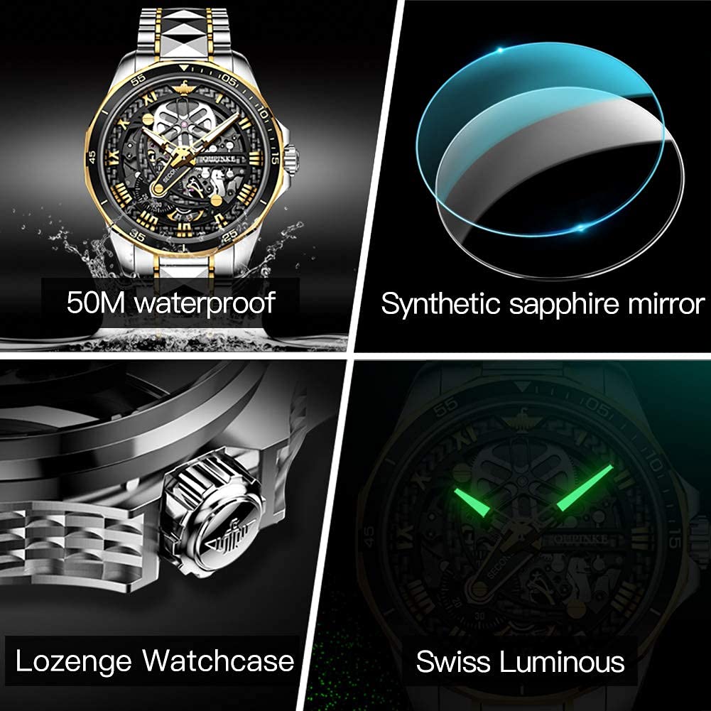 OLEVS Automatic Skeleton Men's Luxury Watch - Mechanical Self-Winding Sapphire Crystal Tungsten Steel Wristwatch - 50M Waterproof & Luminous - No Battery Needed - Perfect for Business, Formal Events & Everyday Wear