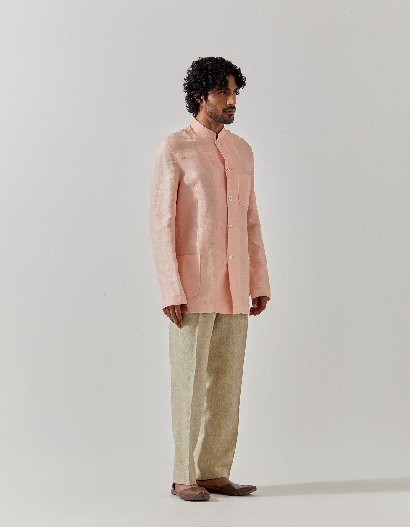 Elegant Bandhgala Jacket in Satin Linen Fabric - Salmon Color for Men | Perfect for Weddings, Parties & Formal Events