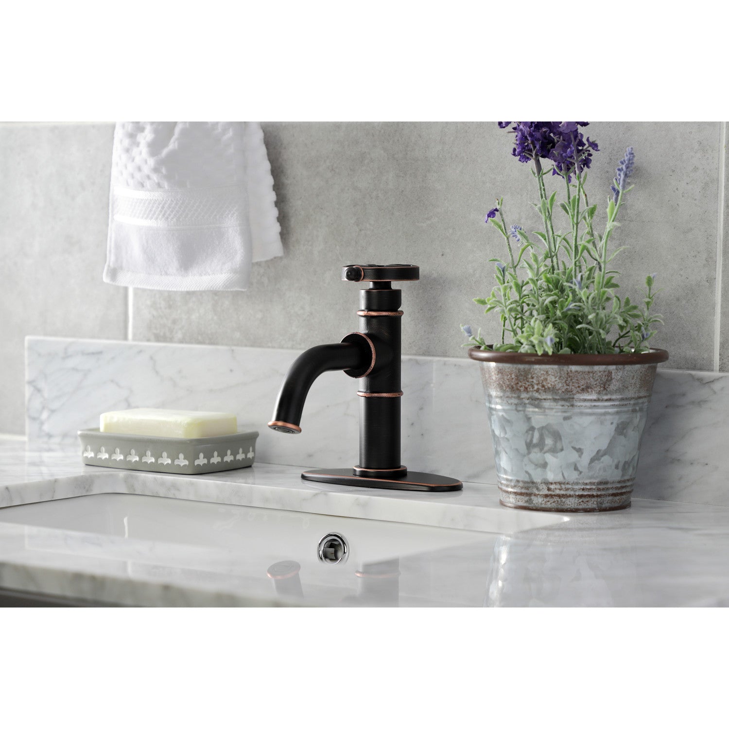 Belknap KSD282RXNB Single Handle 1 Hole Bathroom Faucet with Deck Plate & Push Pop Up Drain - Naples Bronze Finish for Bathroom Sink Vanity or Powder Room