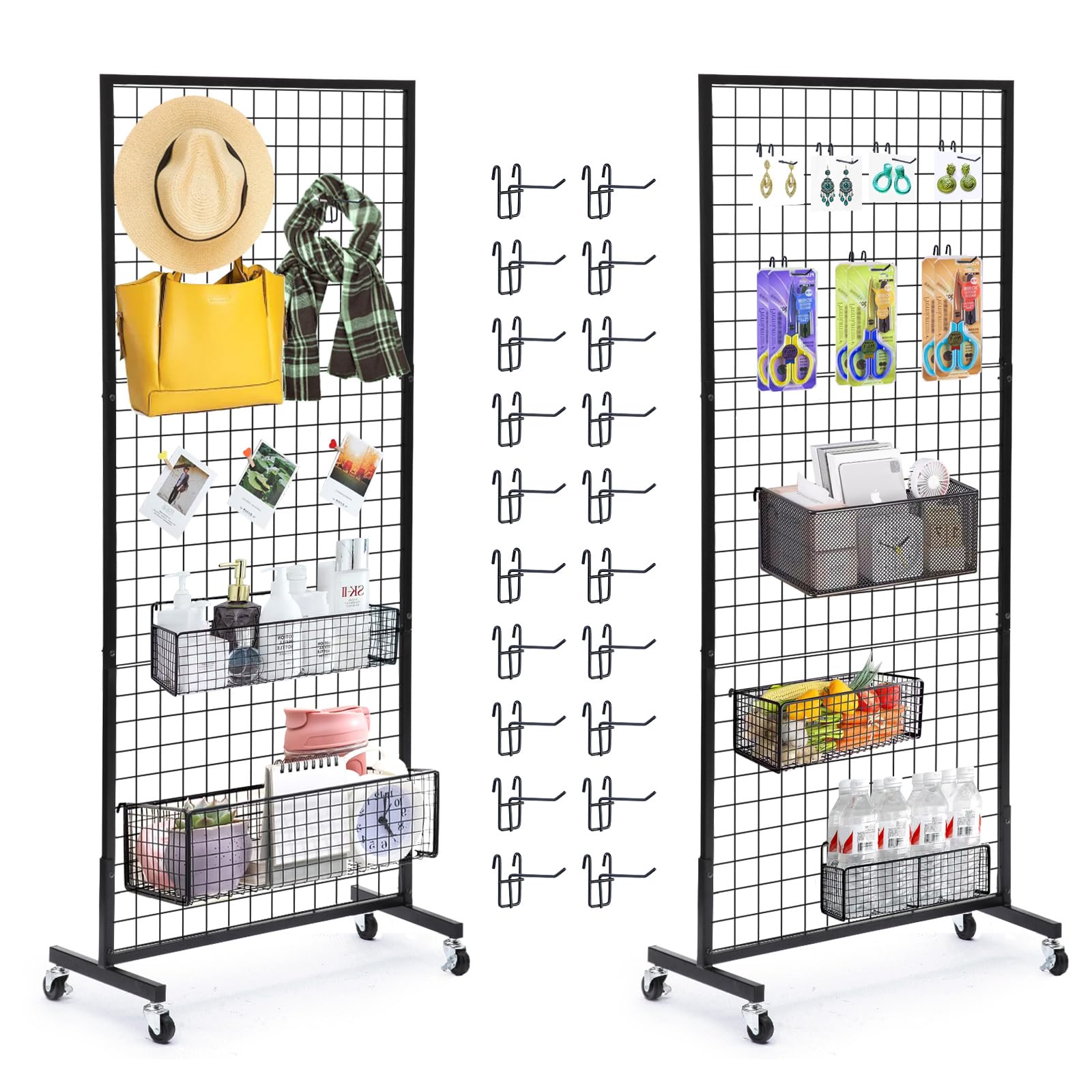Black Wire Grid Wall Panel Display with Wheels - 2 Pack 2.5'x6' Gridwall Panels with T-Base Stand & 20 Hooks - Retail Store Display, Craft Fair Booth, Trade Show Merchandising - Perfect for Clothing, Jewelry, and Home Decor Organization