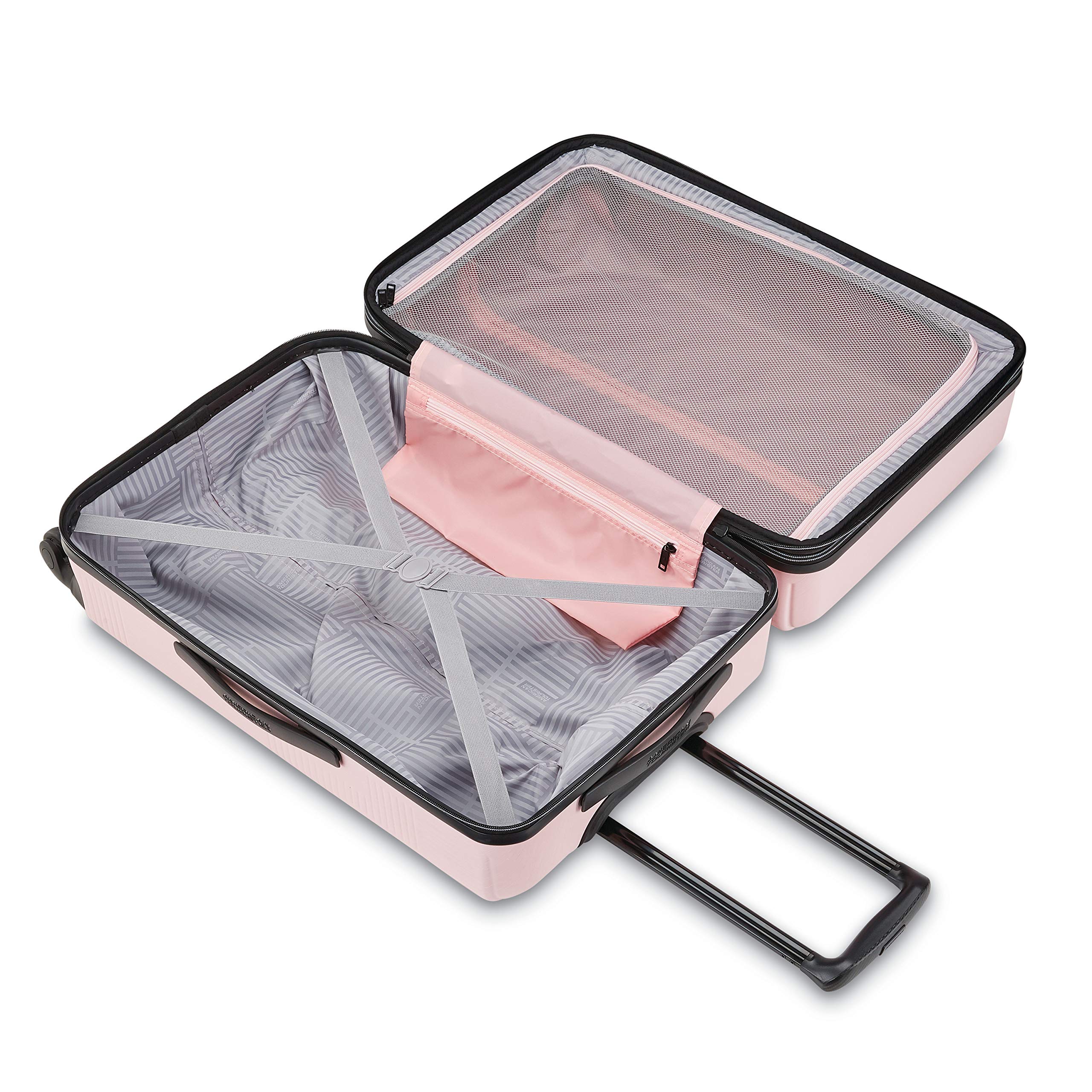 American Tourister Stratum XLT 24-Inch Expandable Hardside Luggage with 360° Spinner Wheels - Petal Pink Checked-Medium Suitcase for Travel, Business Trips & Family Vacations