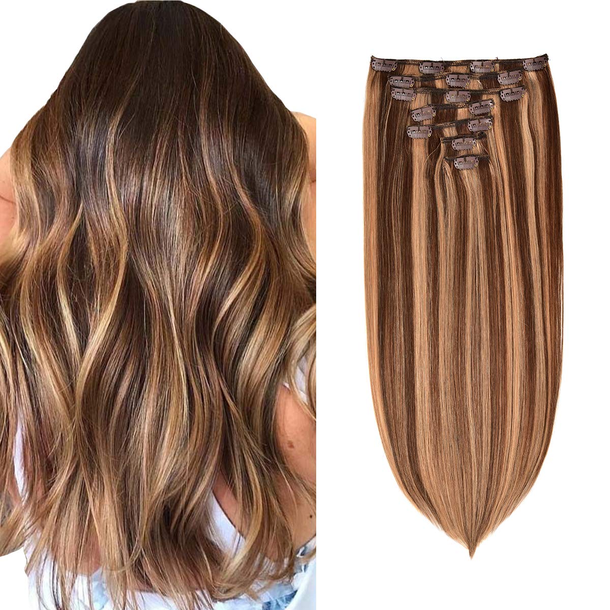 Clip in Hair Extensions 14 Inch Real Human Hair 120g - Chocolate Brown/Light Blonde #4/27 Color - 7pcs Remy Human Hair Extensions for Thick Natural Straight Hair - Perfect for Daily Styling, Parties & Special Occasions