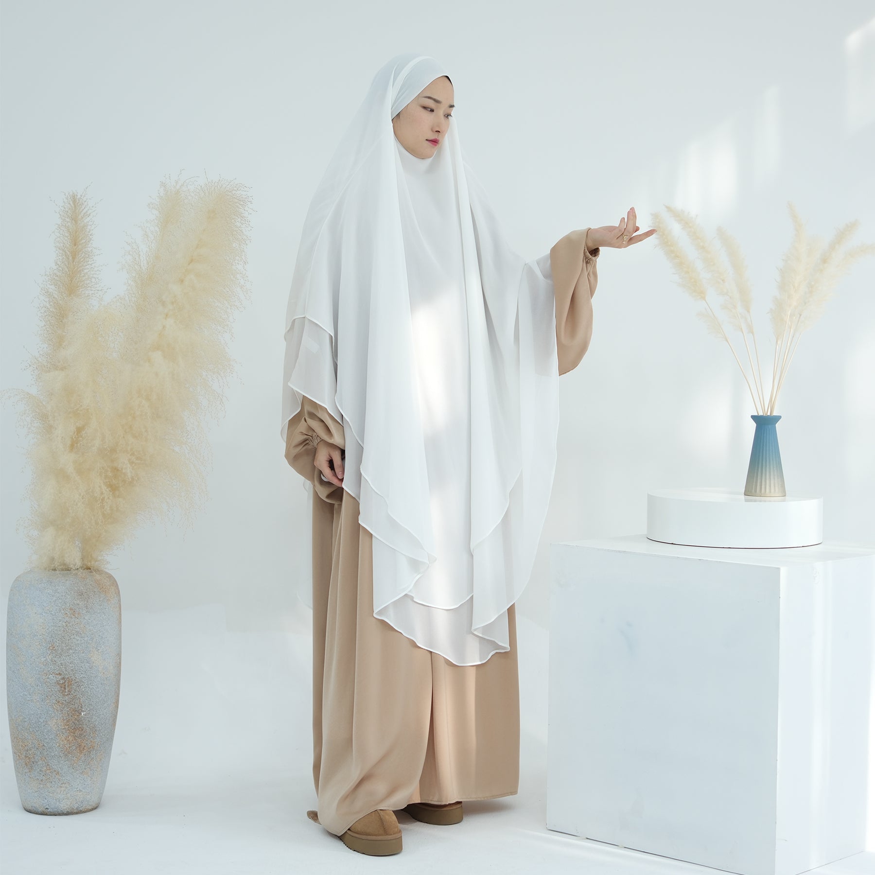 2 Layer Maxi Chiffon Khimar - Elegant White Muslim Prayer Dress for Women | Perfect for Islamic Prayer, Mosque Wear & Special Occasions