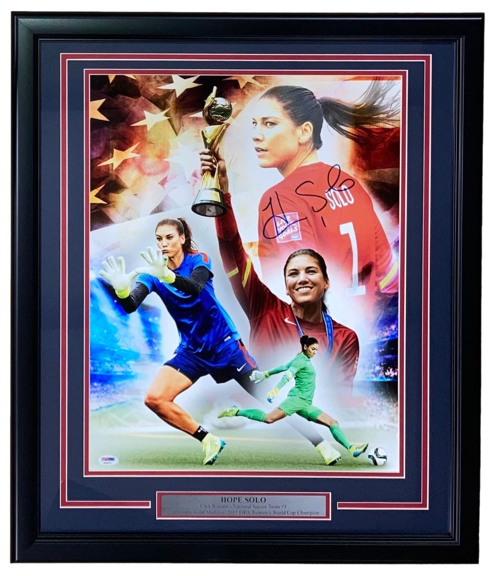Hope Solo Autographed Framed 16x20 USA Women's Soccer Team Collage Photo with PSA/DNA COA - Perfect for Sports Memorabilia Collectors & Soccer Fans' Man Cave Decor