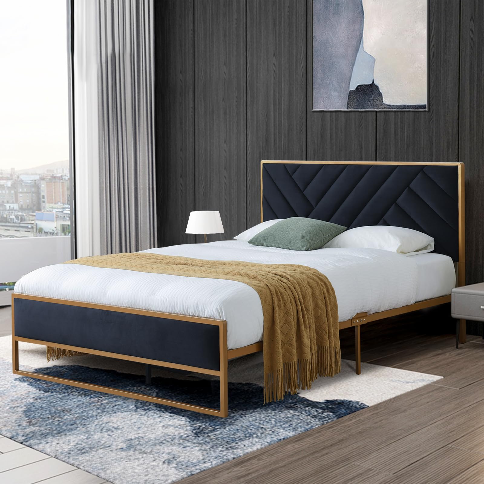 VELOCAVA Full Metal Upholstered Bed Frame with Geometric Headboard - Velvet Platform Bed with 10'' Under Bed Storage, Sturdy Metal Base & Wooden Slats - No Box Spring Needed, Noise-Free - Gold & Black - Perfect for Modern Bedrooms, Guest Rooms & Small Spaces