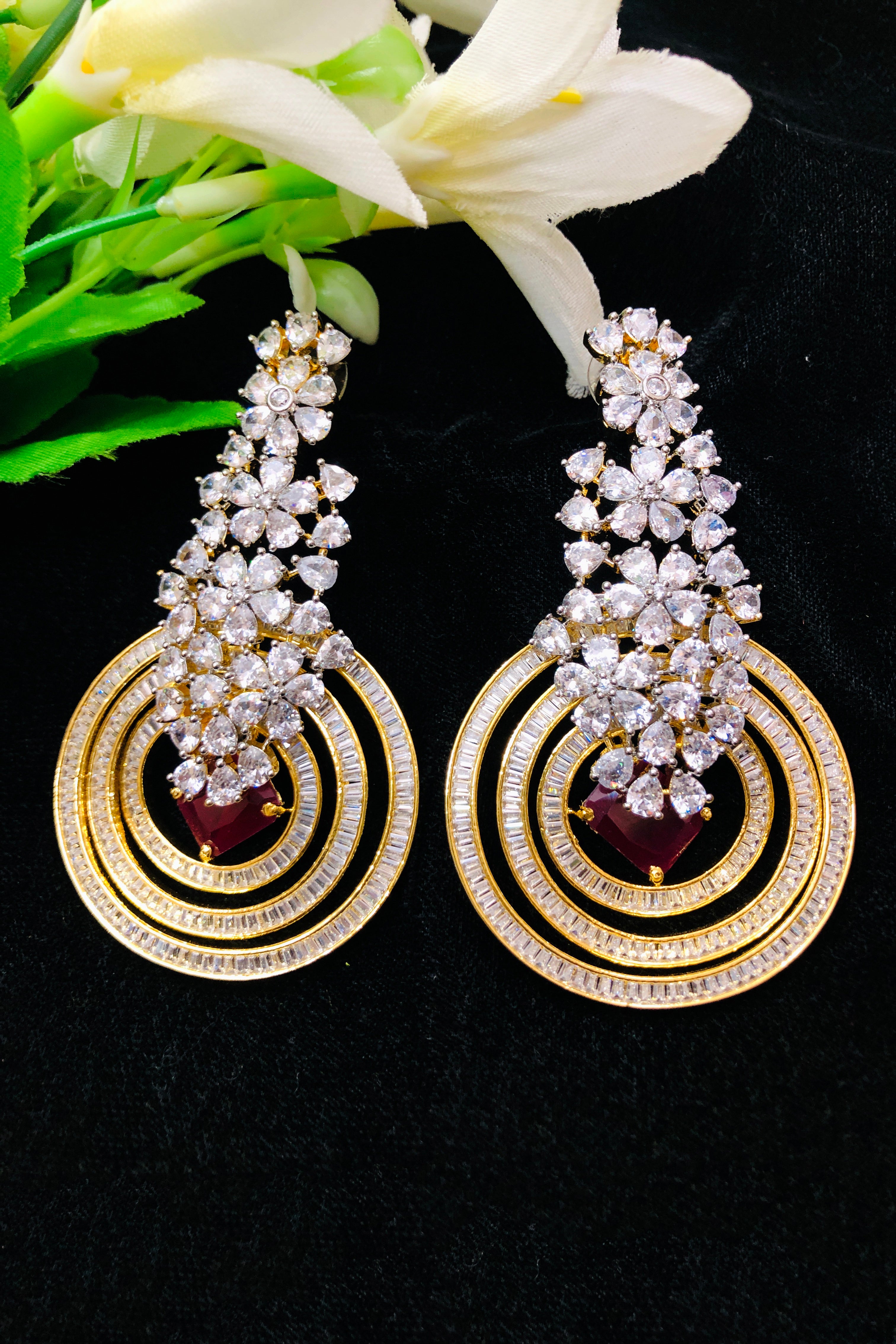 Stylish Rhodium-Plated American Diamond Dangler Earrings with Red Stone (E766) - Perfect for Parties, Weddings & Evening Events