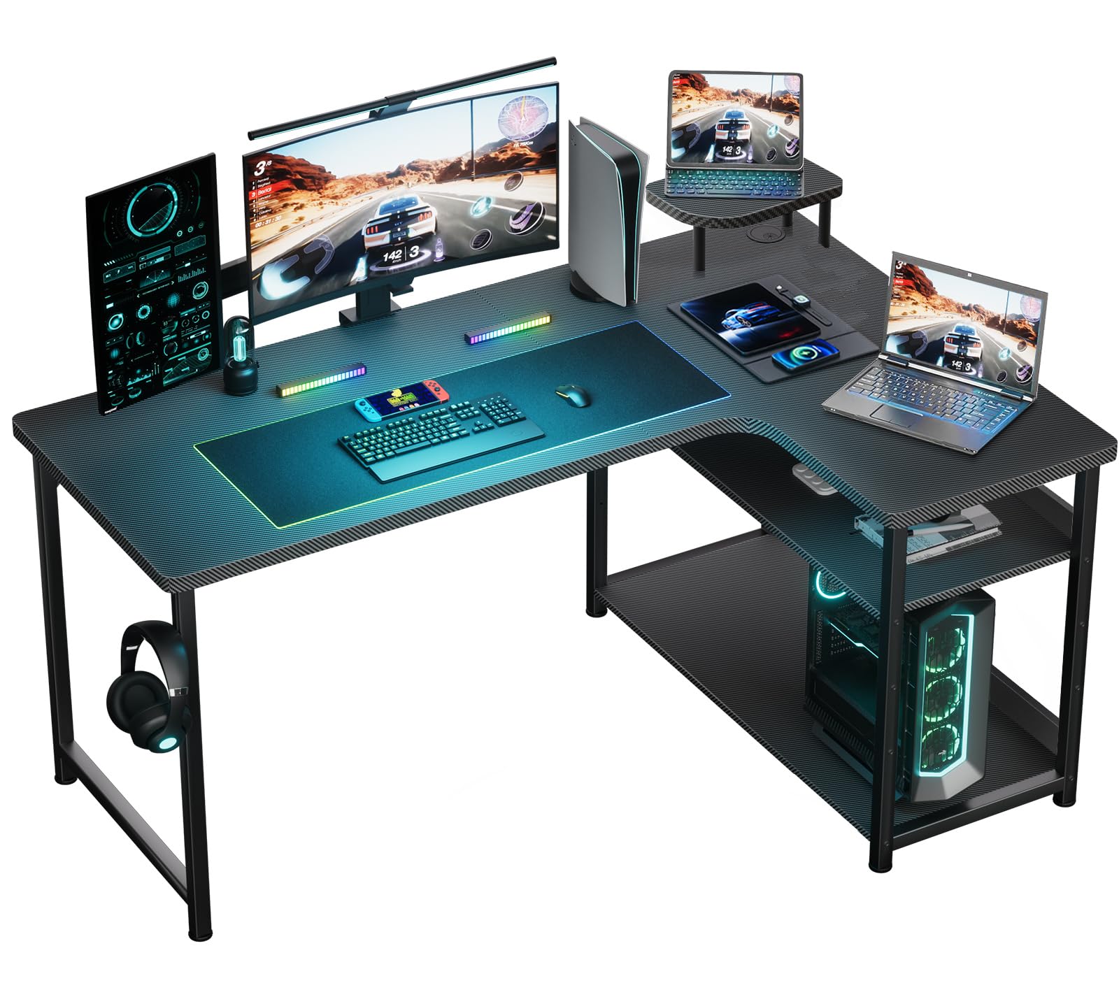 GTRACING L-Shaped Gaming Desk - Carbon Fiber Style Computer Desk with Monitor Arm & Storage Shelves, Adjustable Shelf Height, Easy to Assemble - Perfect for Home Office, Gaming Setup & Workspace Organization