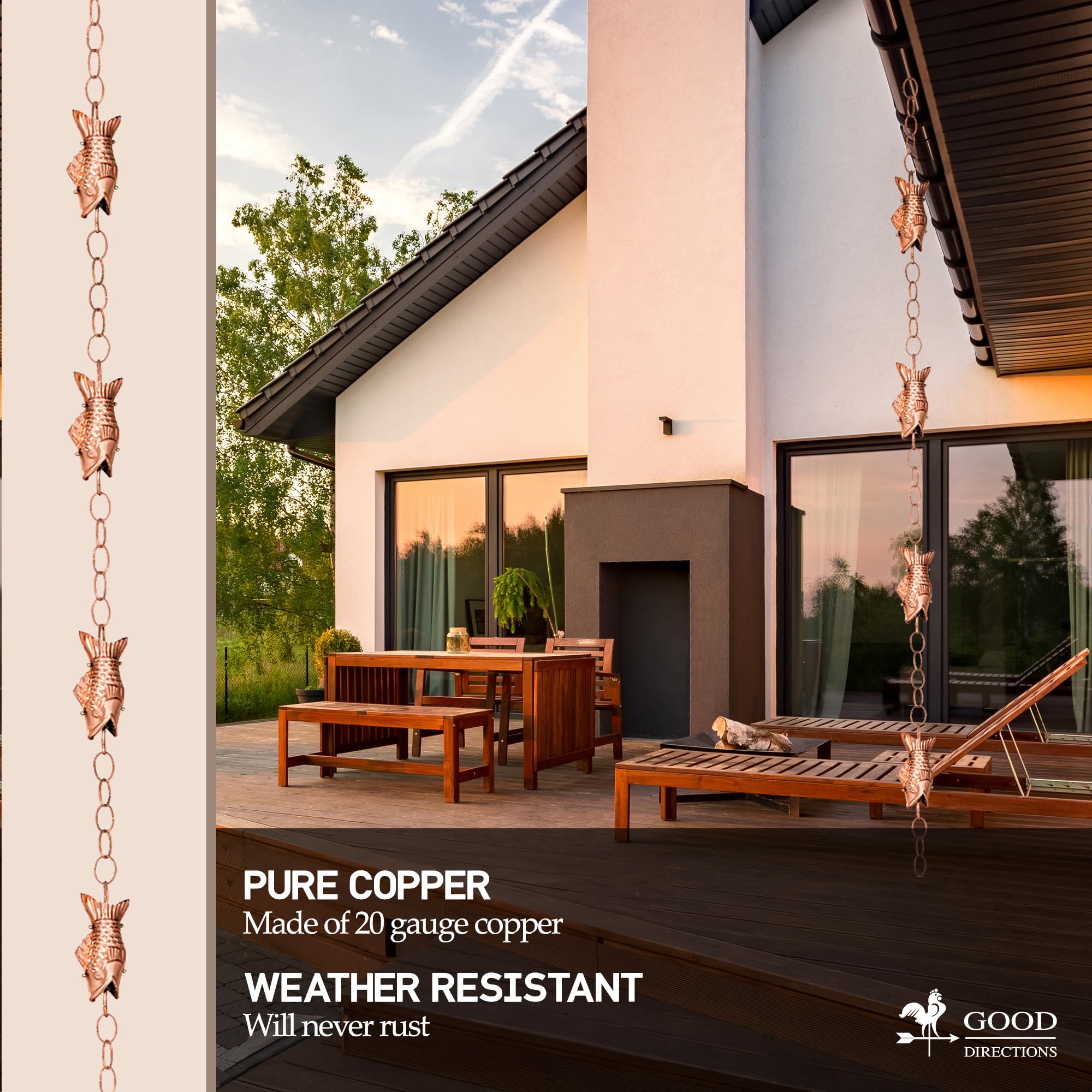 Good Directions 487P-8 8.5ft Polished Copper Rain Chain with Large Wide-Mouthed Fish Design - Perfect for Garden Drainage, Downspout Replacement & Outdoor Decor