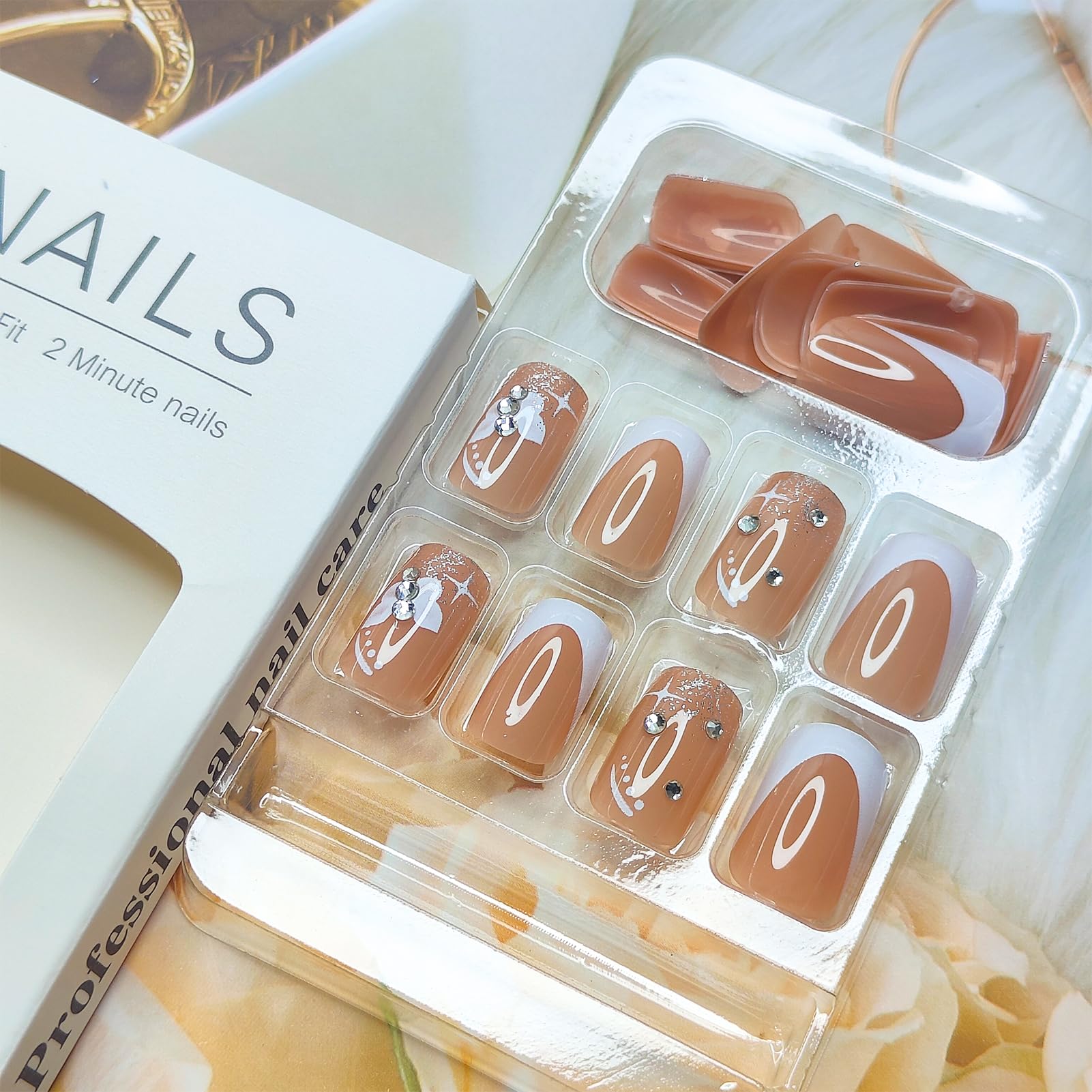 24Pcs French Tip Press on Fake Nails - Medium Square Glossy Full Cover False Nails with Butterfly Rhinestone Designs, Cute White French Manicure Glue on Nails for Women & Girls | Perfect for Parties, Weddings, Date Nights & Special Occasions