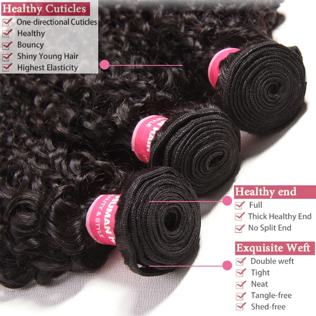 Sunber 10A Grade Brazilian Virgin Jerry Curly Human Hair Extensions - 3 Bundles 100% Unprocessed Remy Hair Weaves in Natural Black (20/22/24 Inch) for Wavy Curly Hairstyles - Perfect for Daily Wear, Parties & Special Occasions