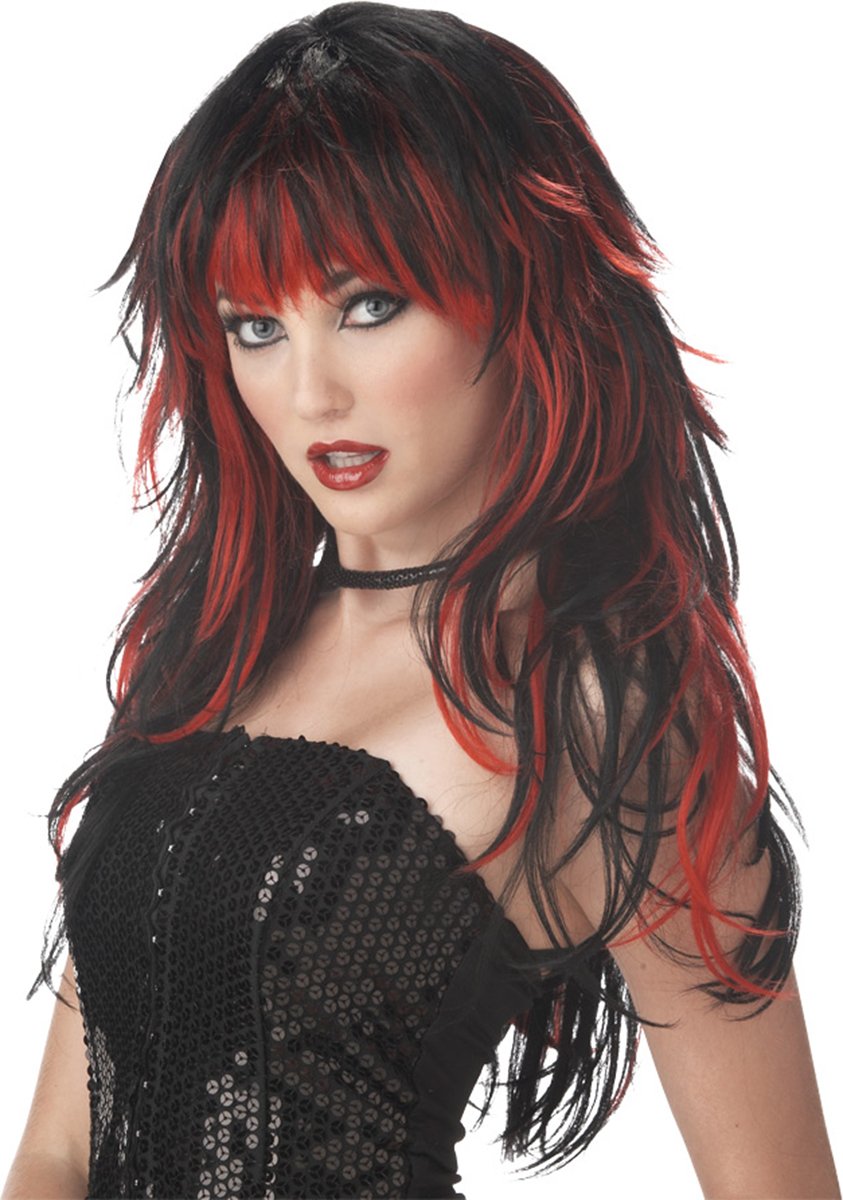 Stylish Red and Black Long Wig for Cosplay & Halloween - Morris Costumes Tempting Tresses Synthetic Hairpiece for Parties, Costumes & Fashion