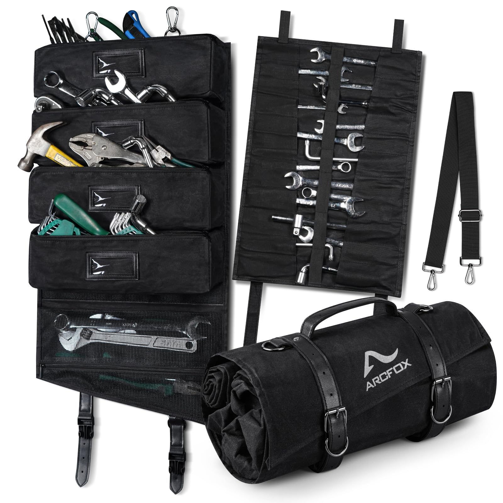 **Vintage Oil Waxed Canvas Tool Roll with 25 Pockets & 5 Detachable Pouches – 15L Black Tool Storage Bag for DIY, Woodworking, and Automotive Repair**    *(Perfect for Carpenters, Mechanics, and Handymen – Organize Wrenches, Screwdrivers, and More!)*