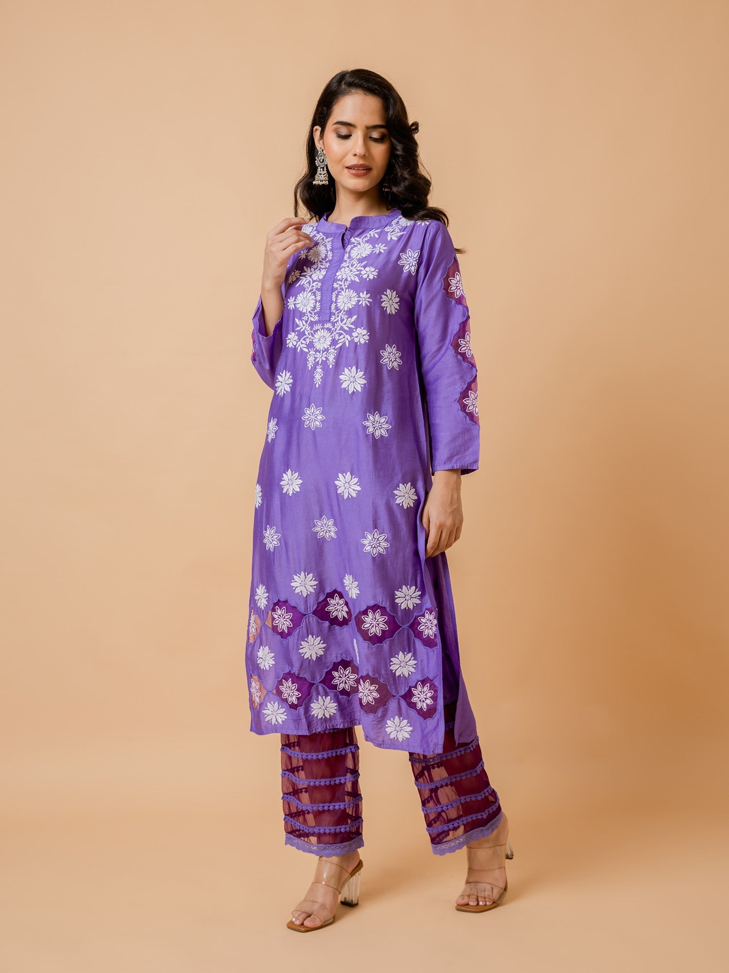 Fizaa Purple Chikankari Chanderi Silk Kurta Set for Women | Traditional Indian Embroidered Dress | Perfect for Festivals, Weddings & Special Occasions