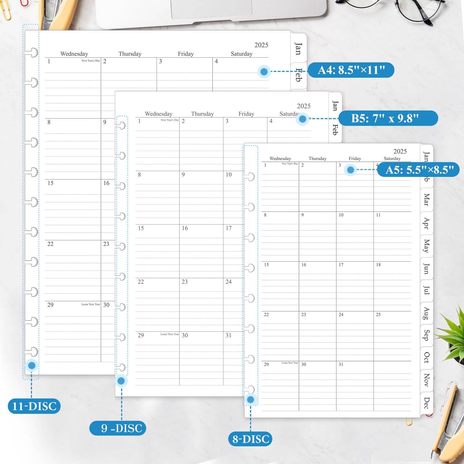 2025 Monthly Planner Refill - 12-Month Calendar with Tabs for 8-Disc Discbound Notebooks, 5.5