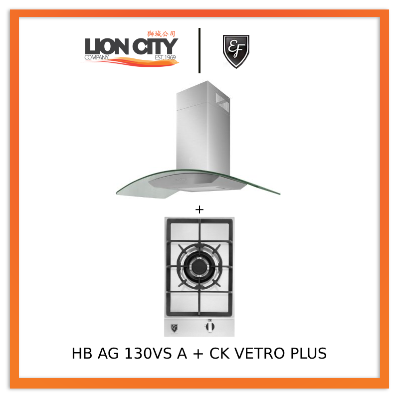 EF 90 CM Chimney Cooker Hood CK Vetro Plus with EF HB AG 130VS A 30cm Built-in Stainless Steel Gas Hob - Modern Kitchen Ventilation & Cooking Solution for Home Chefs