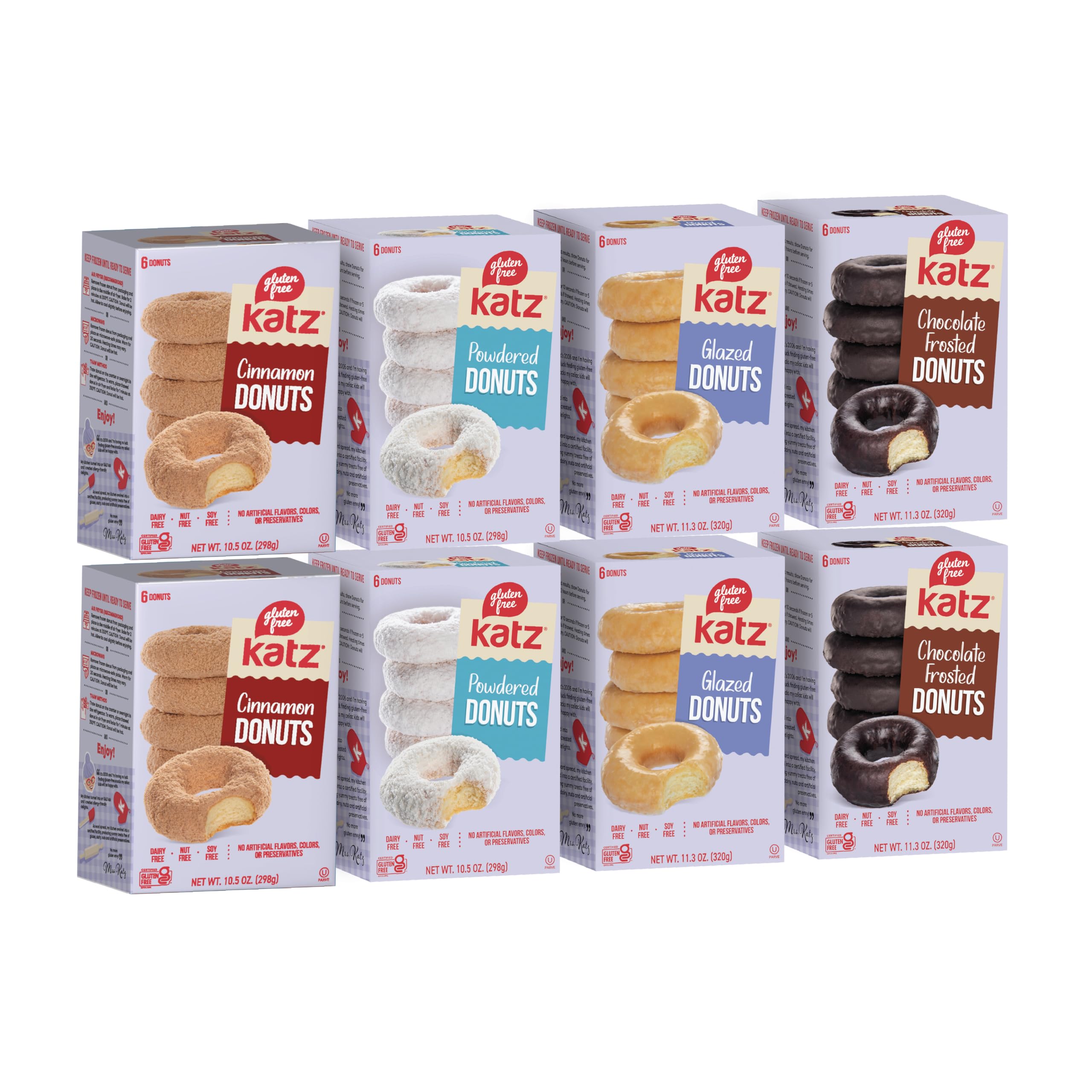 Katz Gluten Free Donuts Variety Pack - Top 4 Flavors (Powdered, Chocolate Frosted, Glazed, Cinnamon) | Dairy Free, Nut Free, Soy Free, Kosher Certified | Perfect for Breakfast, Snacks & Special Diets (8 Donuts Total)