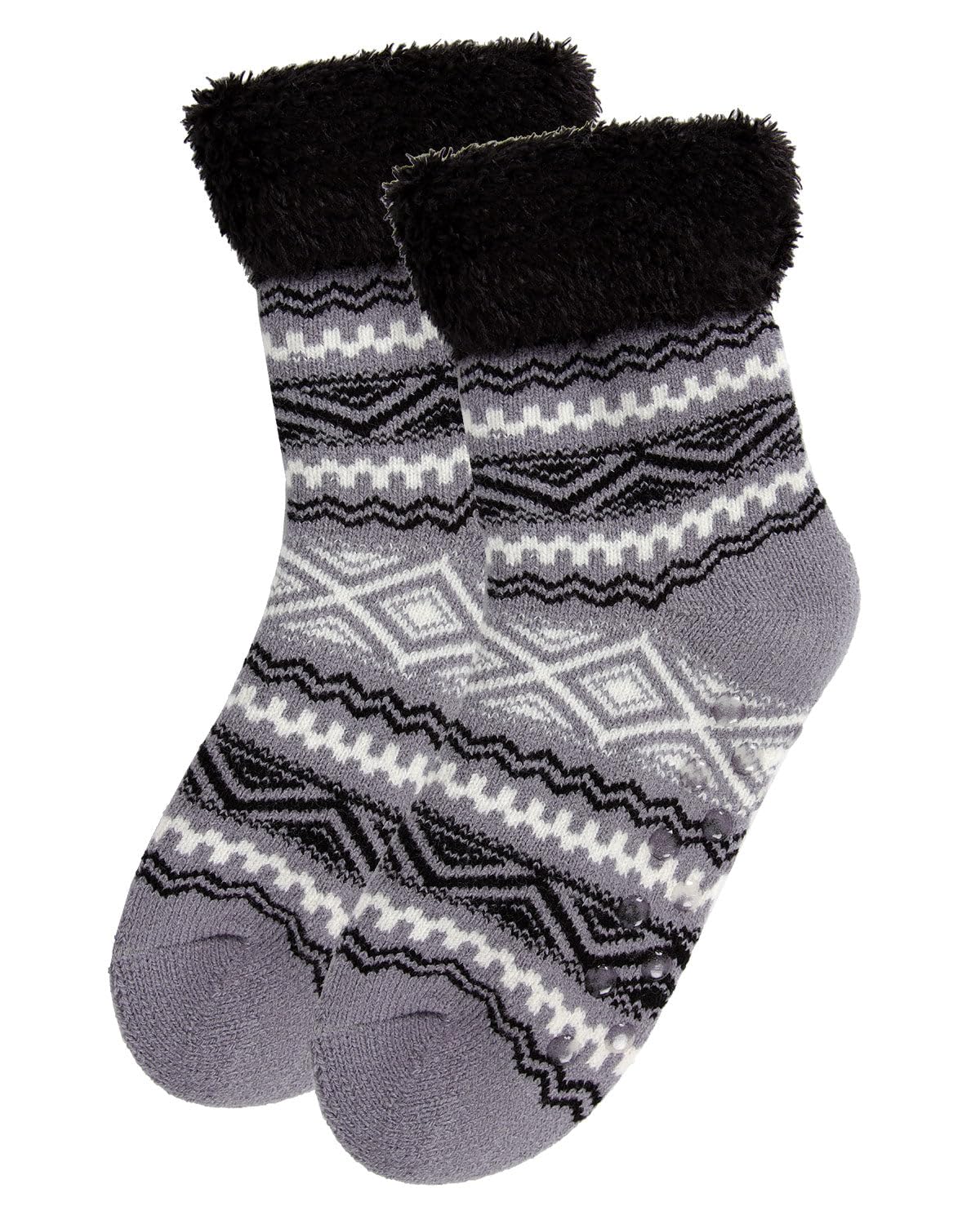 MeMoi Women's Aztec Fair Isle Plush Cabin Socks - Cozy Winter Slipper Socks for Women, Soft Warm Knit Socks with Non-Slip Grips - Perfect for Home, Lounge, and Cold Weather Comfort