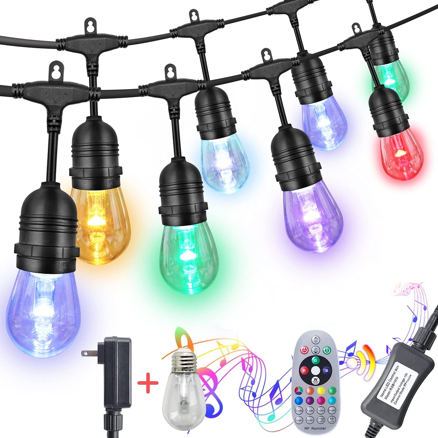 24FT Music Color Changing Outdoor String Lights - 9 LED Bulbs, AVEVA RGBW IP65 Waterproof Shatterproof Connectable Dimmable Patio Lights for Backyard, Garden, Porch, Party & Wedding Decorations | Perfect for Outdoor Events, Landscape Lighting and Holiday Decor