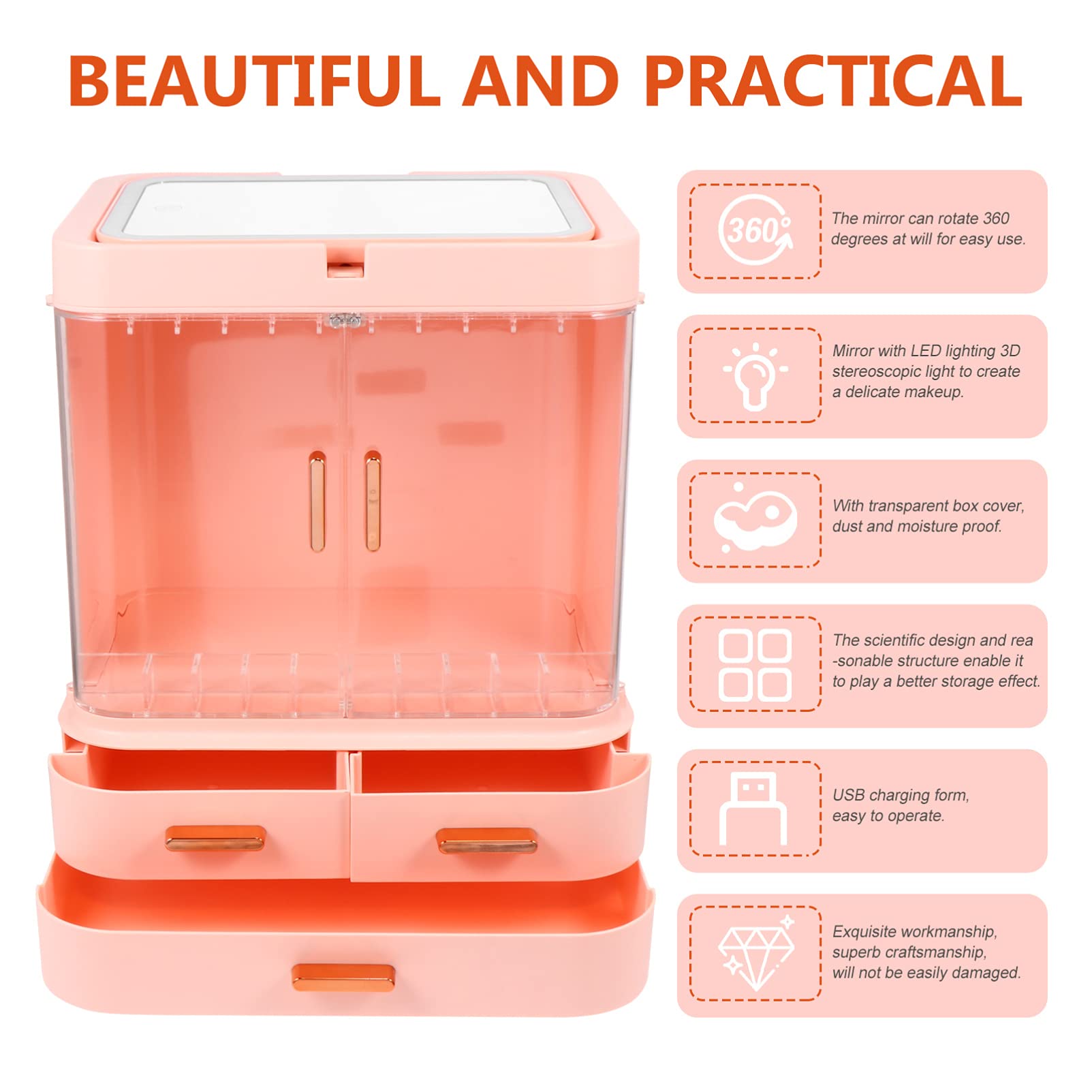 LED Makeup Storage Box with Mirror - Portable Cosmetic Organizer for Vanity, Travel & Home Use | Desktop Beauty Case with Adjustable Compartments | Perfect for Makeup Brushes, Lipsticks & Skincare Products