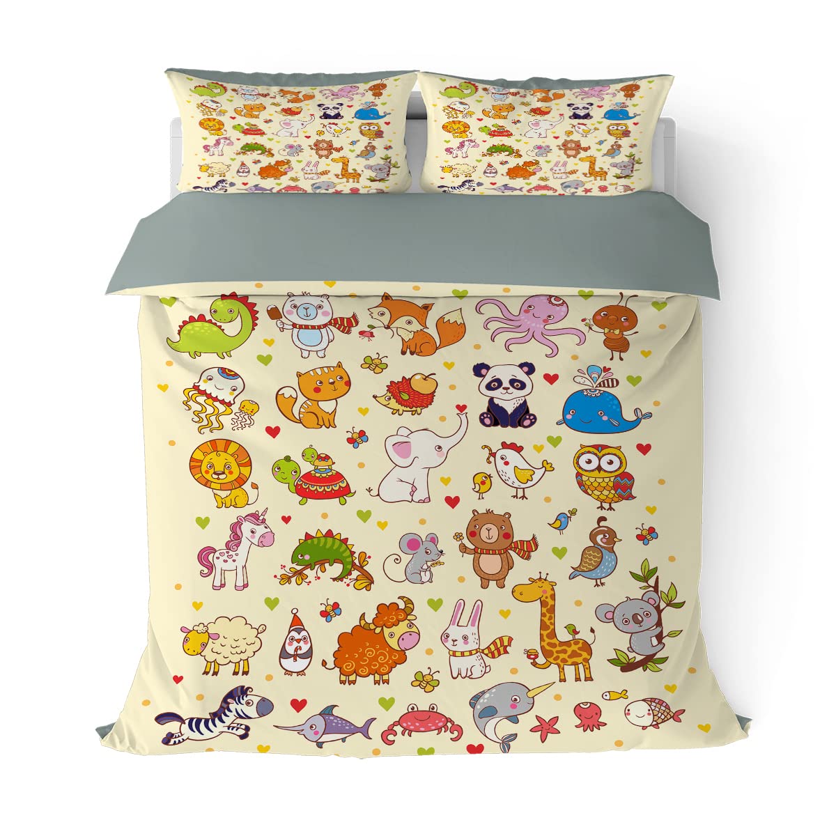 Cute Animals Duvet Cover Set Twin Size - Cartoon Dinosaur Fox Unicorn Cat Owl 3-Piece Soft Microfiber Bedding Set for Kids, Boys & Teens | Perfect for Bedroom Decor, Sleepovers and Cozy Nights | Includes Duvet Cover + 2 Pillowcases