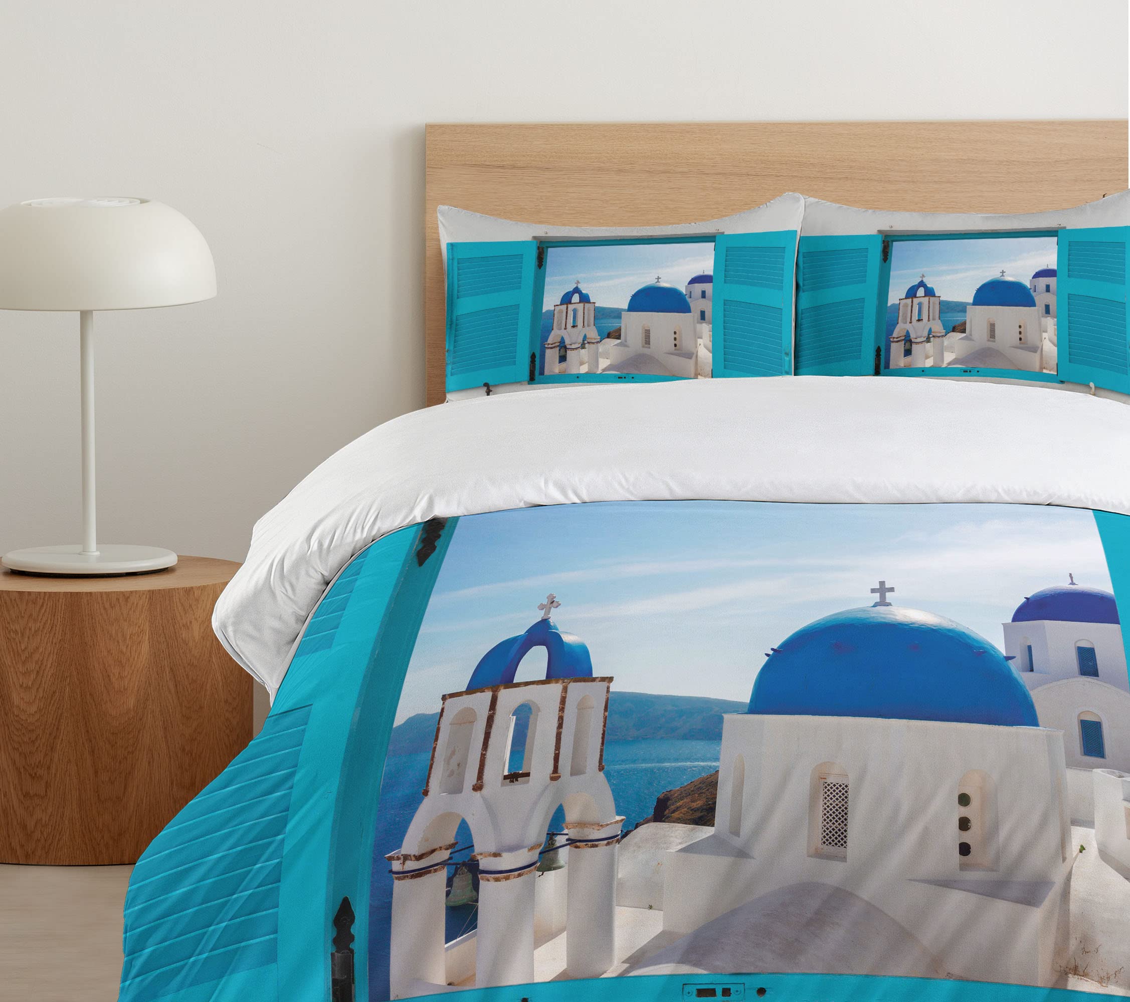 Ambesonne King Size Duvet Cover Set - 3 Piece Blue and White Landscape Bedding with Pillow Shams | Santorini Greece Travel Inspired Design | Perfect for Master Bedroom, Guest Room & Vacation Home Decor