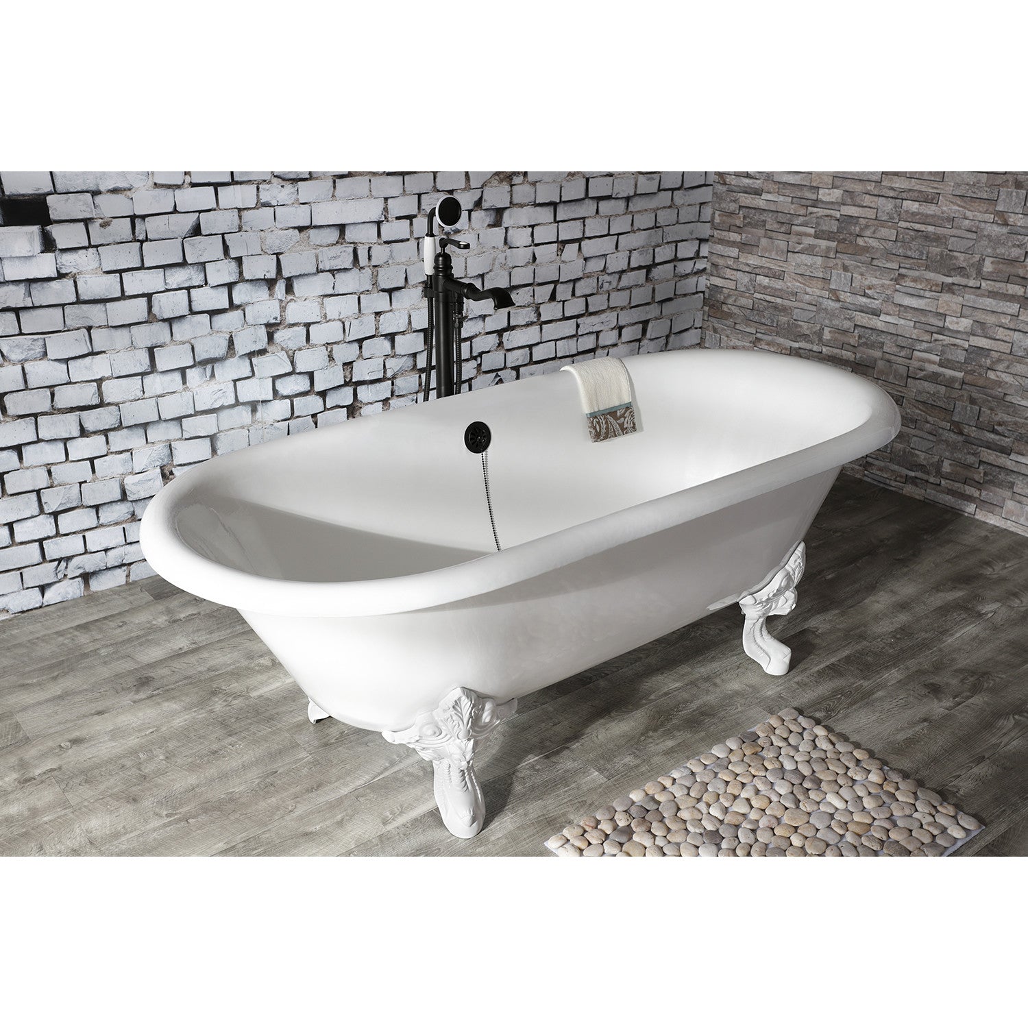72 Inch White Cast Iron Clawfoot Tub - Aqua Eden VCTDE7232NLW Oval Double Ended Freestanding Bathtub (No Faucet Holes) for Vintage Bathroom & Spa Relaxation