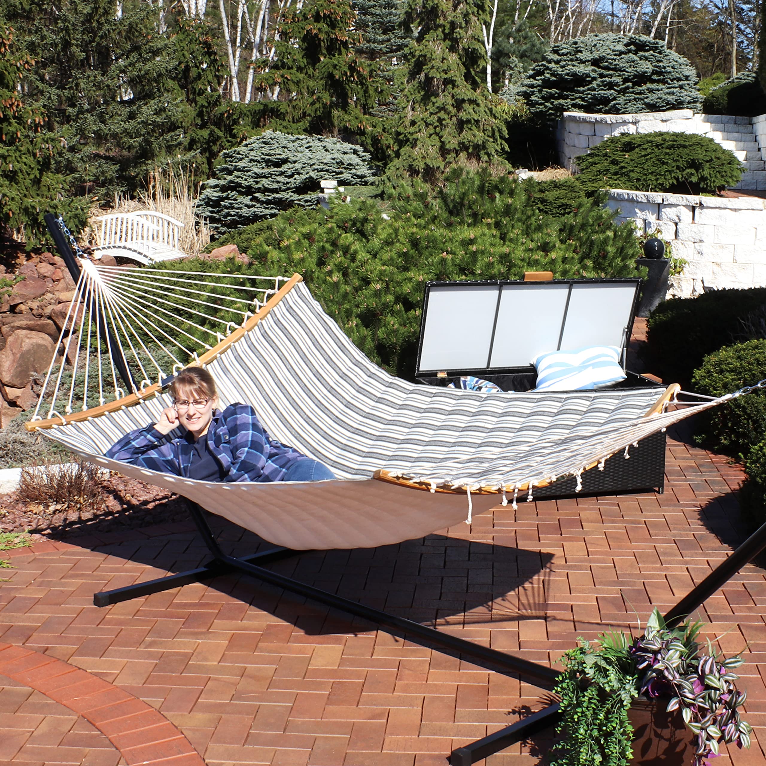 Premium Polycotton Double Hammock with Curved Bamboo Spreader Bars - 450 lb Capacity - Neutral Stripe Design - Perfect for Backyard Relaxation, Camping & Beach Trips