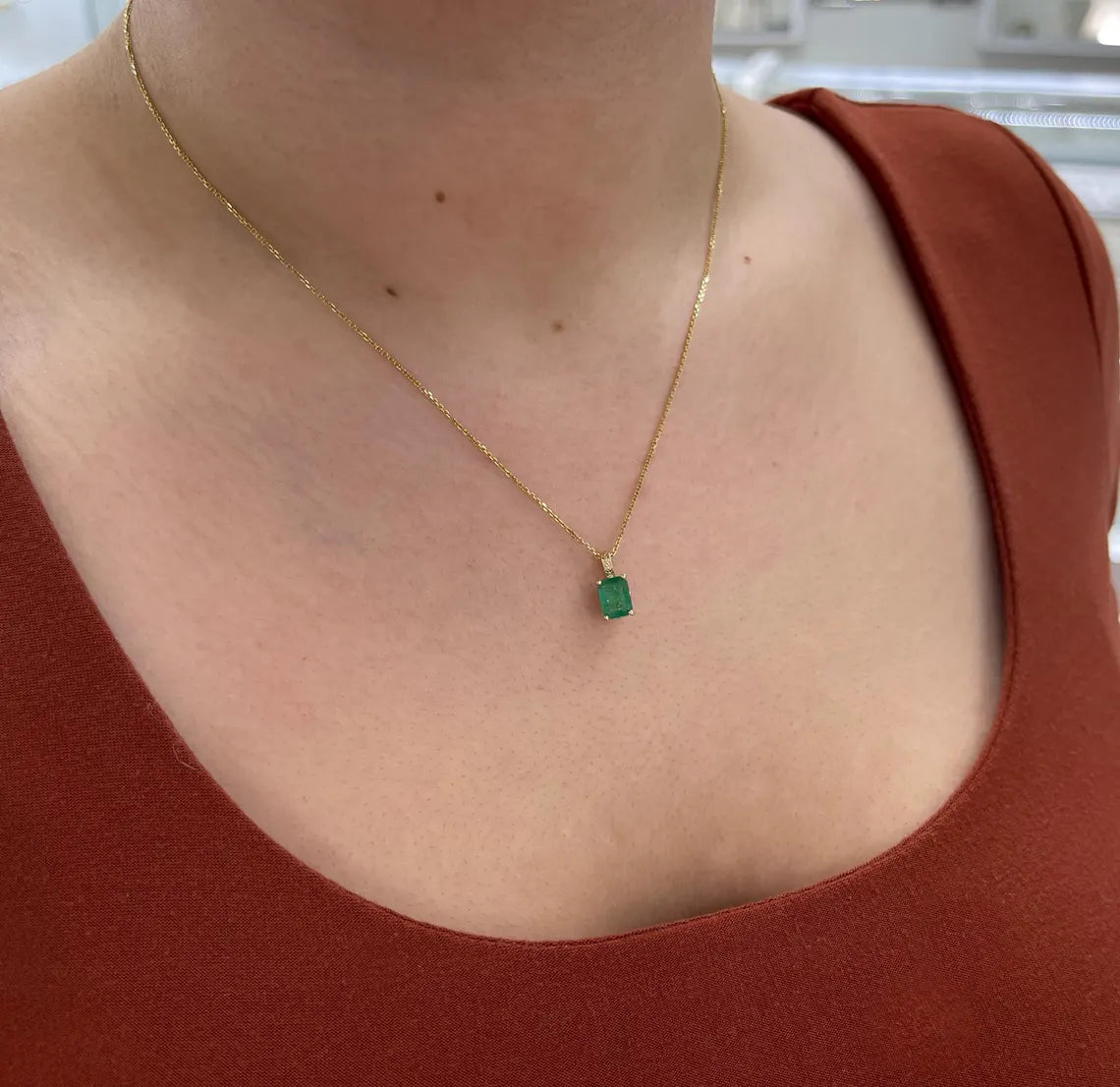 3.50ct Natural Emerald Cut Dark Green Emerald Floral Prong Necklace for Women - Elegant Jewelry Gift for Anniversary, Wedding & Special Occasions