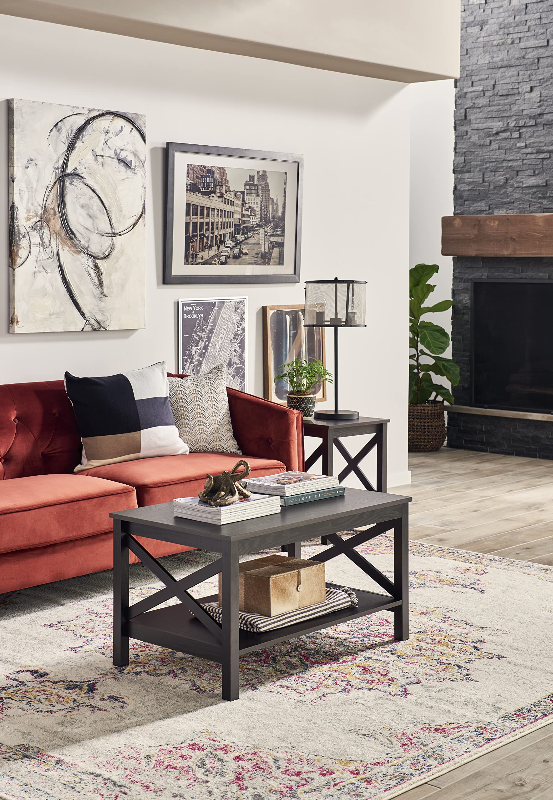 ClosetMaid 3935 X-Frame Coffee Table with Shelf - Black Walnut Wood for Living Room