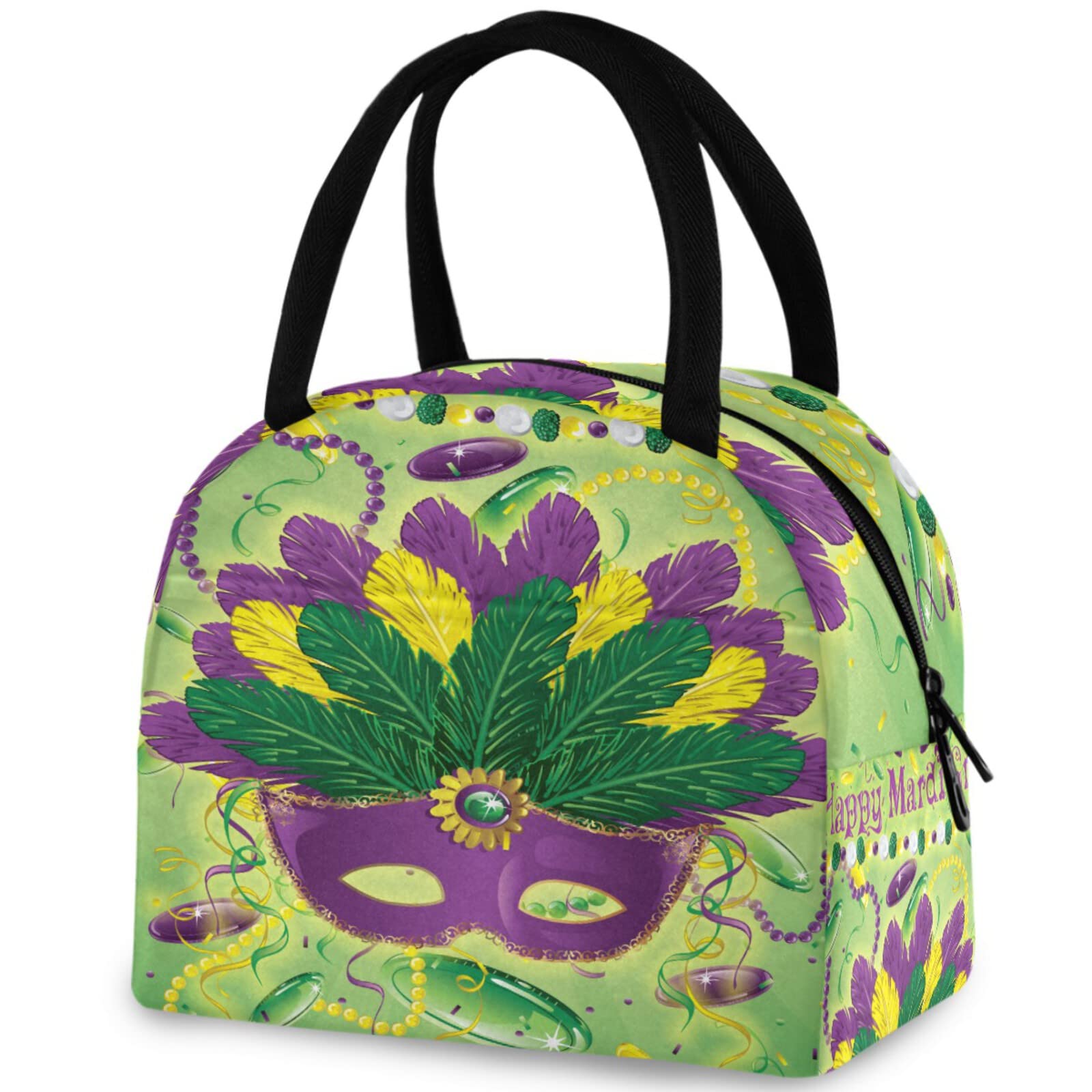 Vintage Mardi Gras Insulated Lunch Tote Bag with Front Pocket - Reusable Thermal Zipper Cooler for School, Work, Picnic, Travel, Fishing & Beach - Perfect for Parties, Grocery Shopping and Outdoor Adventures