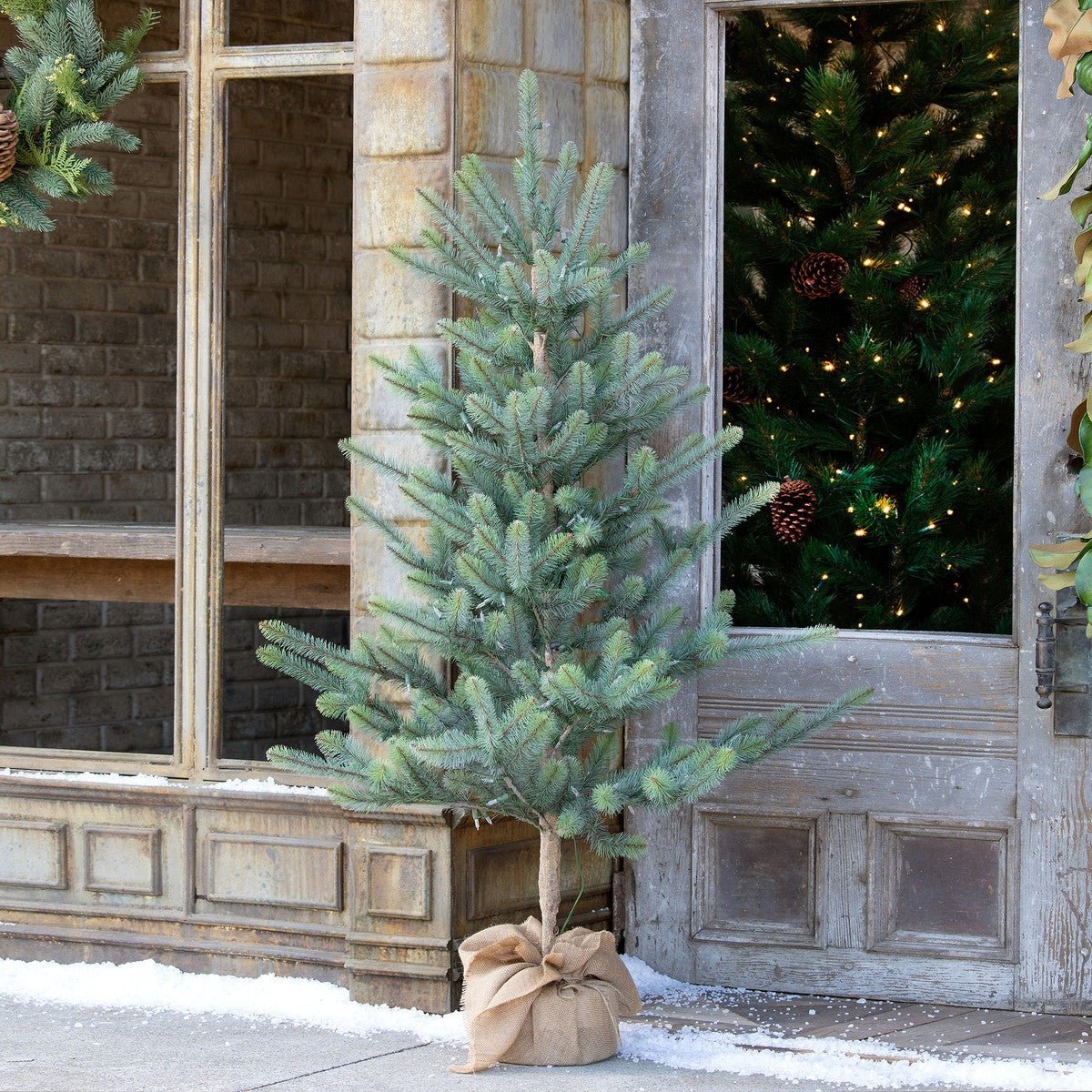 Blue Spruce Seedling with LED Lights & Burlap Base - Artificial Christmas Tree for Home, Office, and Holiday Decorations