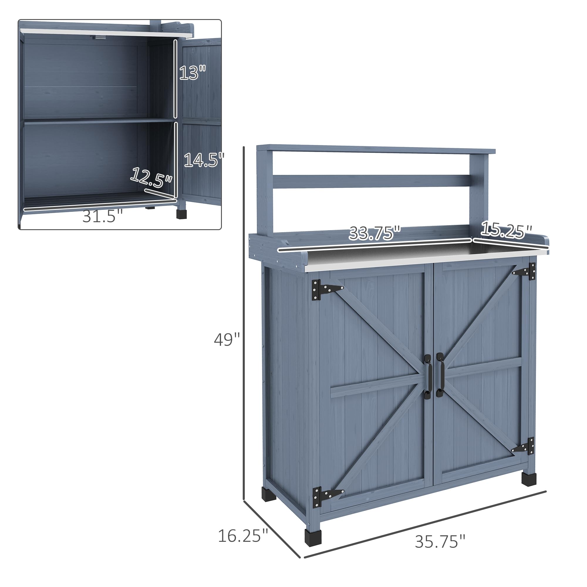 Outsunny Wooden Potting Bench with Storage Cabinet & 2 Shelves - Galvanized Tabletop Garden Workbench for Planting, Gardening - Perfect for Backyard, Balcony, Patio & Outdoor Use (Gray)