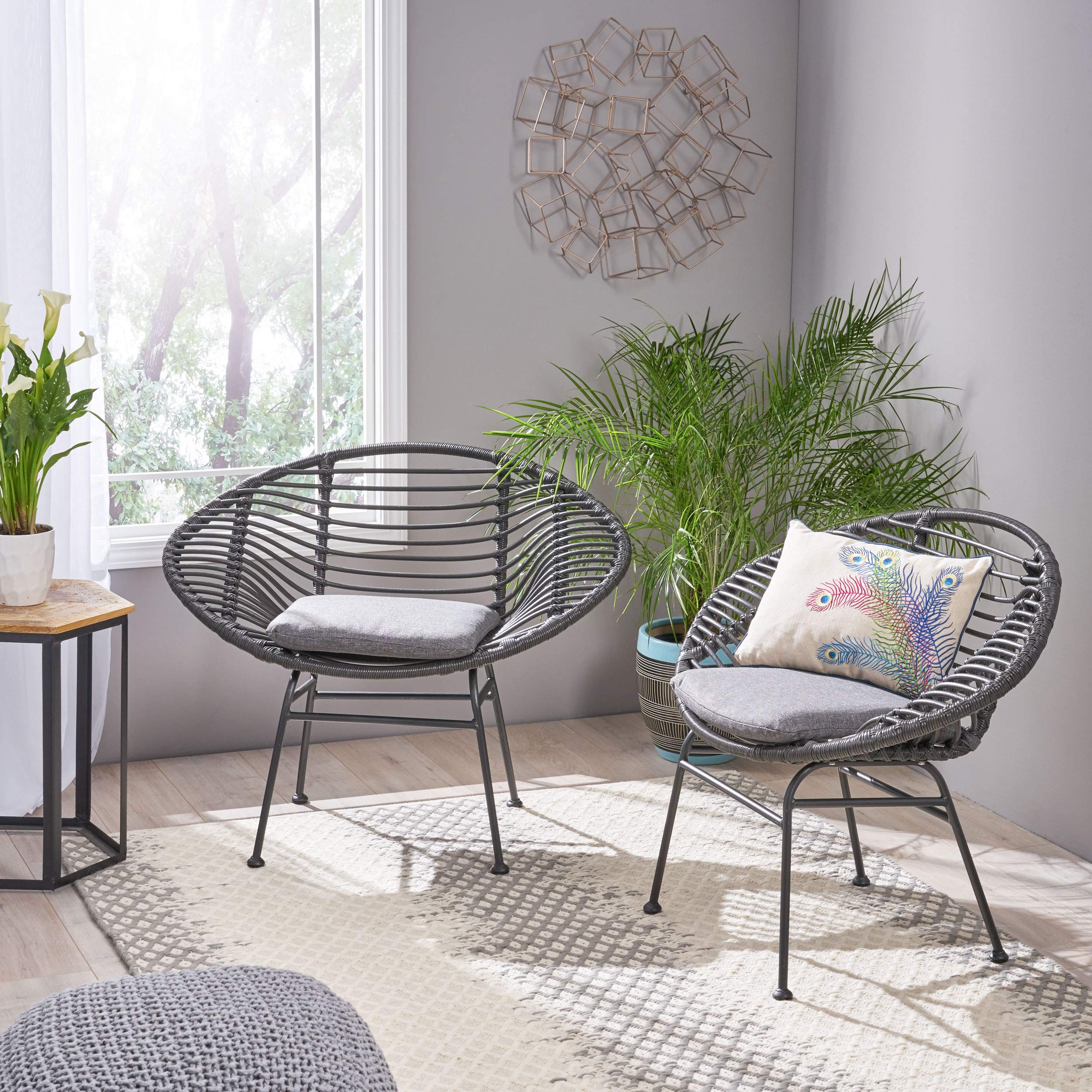 Christopher Knight Home Aleah Indoor Woven Faux Rattan Chairs with Cushions (Set of 2) - Dark Gray Finish - Perfect for Living Room, Patio, or Sunroom Decor