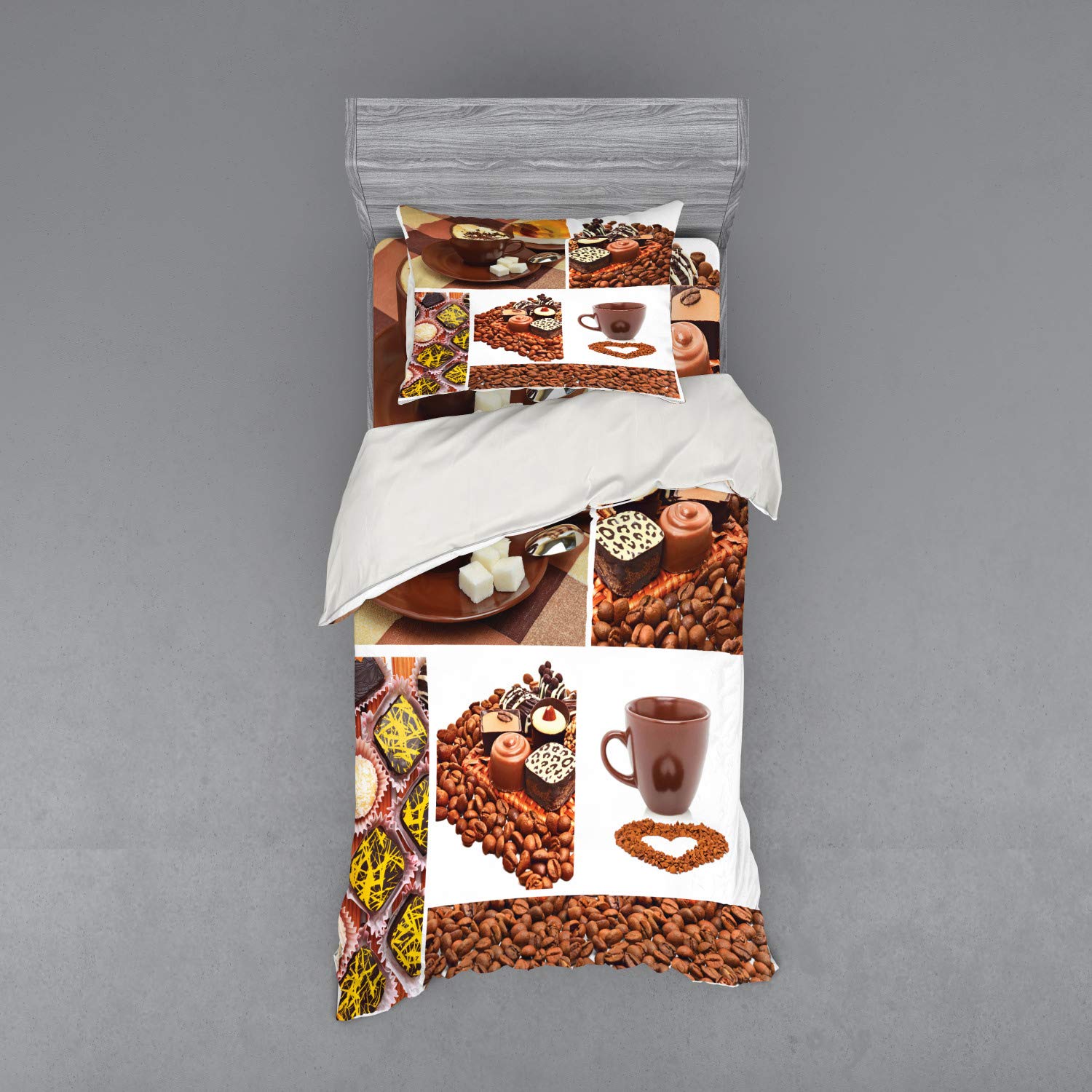 Ambesonne Chocolate Sweets & Coffee Themed 3-Piece Duvet Cover Set - Twin Size with Pillow Sham & Fitted Sheet - Perfect for Coffee Lovers' Bedroom Decor & Gift Ideas