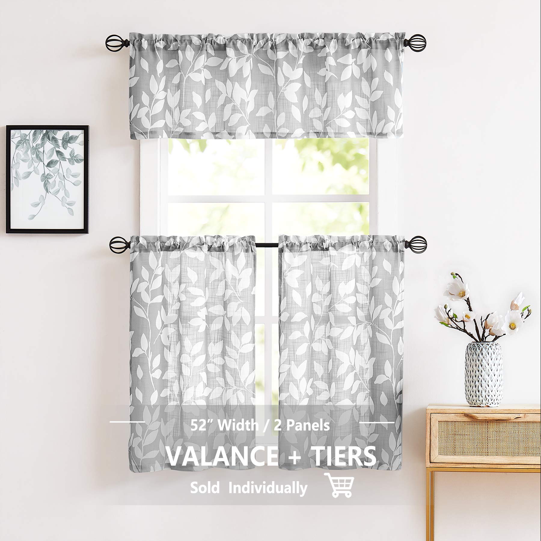 Treatmentex Grey Leaf Print Kitchen Curtains Set - 24 Inch Small Window Curtains for Basement (2 Panels) | Perfect for Kitchen Windows, Bathroom Decor & Small Apartment Living Spaces