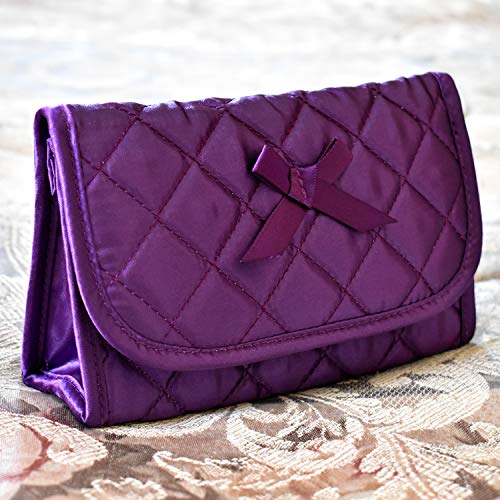 Travel Portable Purse Size Makeup Case Cosmetic Bag with Mirror - Quilted Satin Purple Organizer for Women | Perfect for Airplane Carry-on, Gym Essentials & Daily Beauty Storage