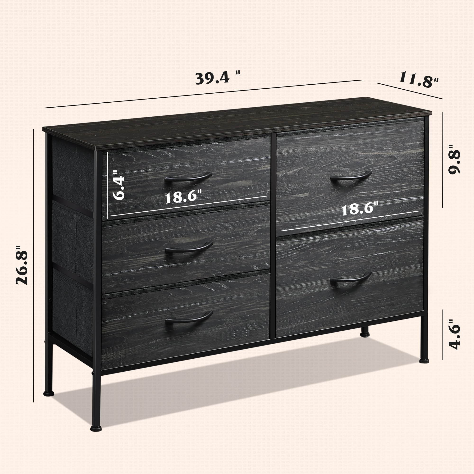 5-Drawer Fabric Dresser for Bedroom - Wide Storage Chest with Drawer Organizers, Charcoal Black Wood Grain Print - Perfect for Living Room, Closet & Hallway Organization