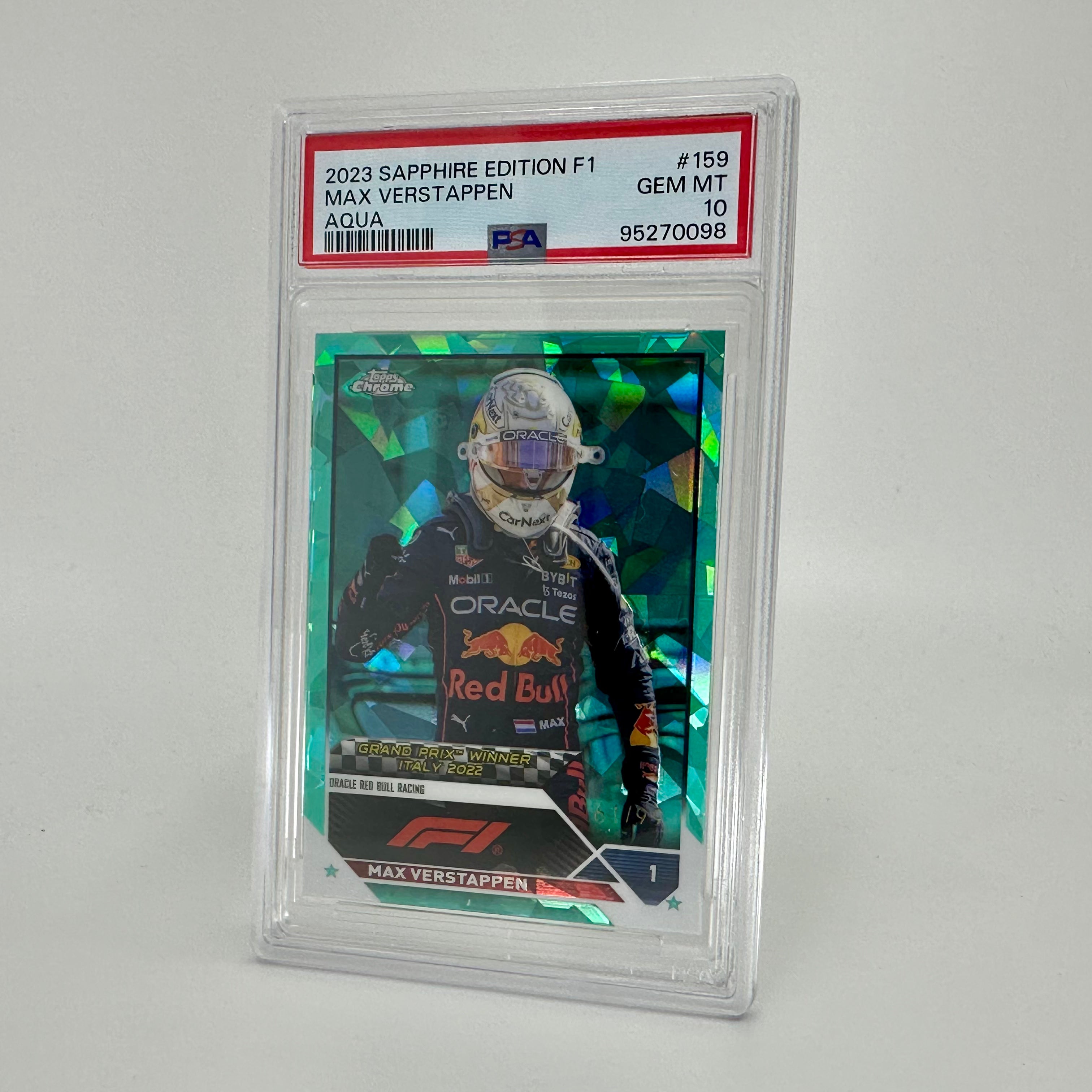 2023 Topps Chrome Sapphire Aqua Max Verstappen #159 PSA 10 61/99 - Rare F1 Racing Card for Collectors & Sports Memorabilia Enthusiasts