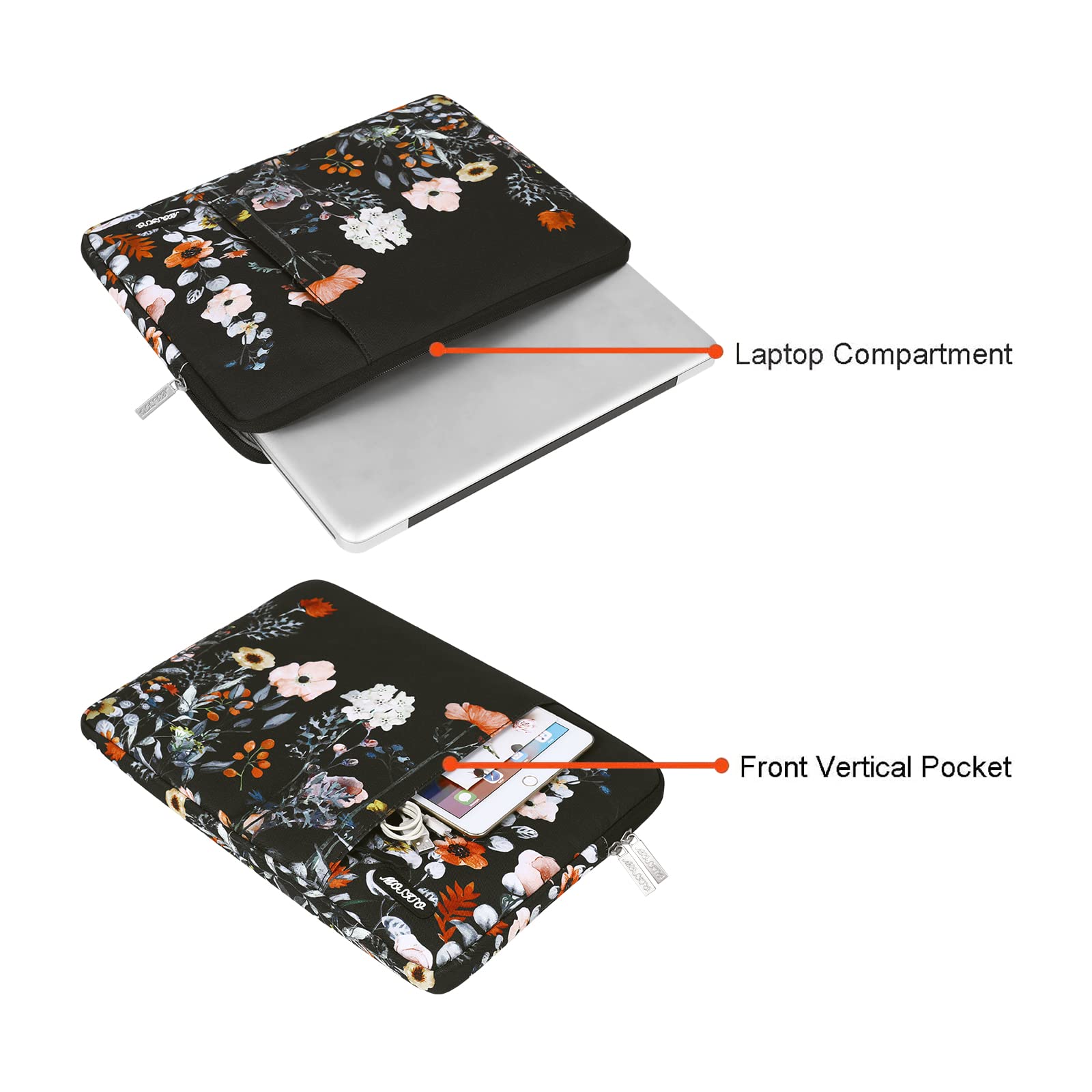 Premium MOSISO Laptop Sleeve for MacBook Air/Pro 13-13.3 inch & MacBook Pro 14 inch 2021-2023 (M1/M2 Models) - Stylish Garden Flowers Polyester Vertical Case with Protective Pocket (Black) - Perfect for Work, Travel & School Commute