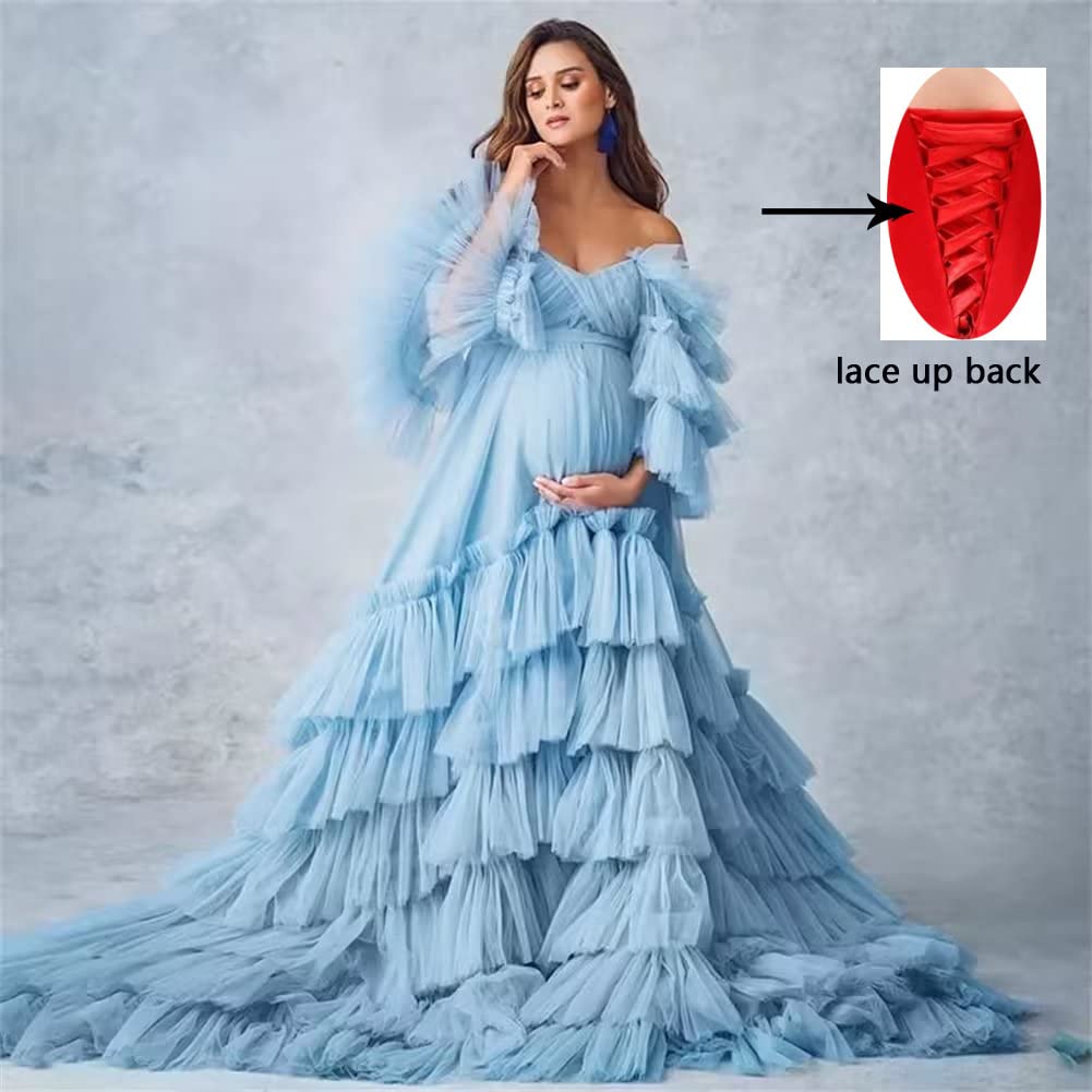 Elegant Ruffles Puffy Tulle Maternity Dress for Photoshoot | Off Shoulder Bridal Lingerie & Baby Shower Pregnancy Robe | Perfect for Maternity Photo Sessions, Bridal Showers and Special Occasions