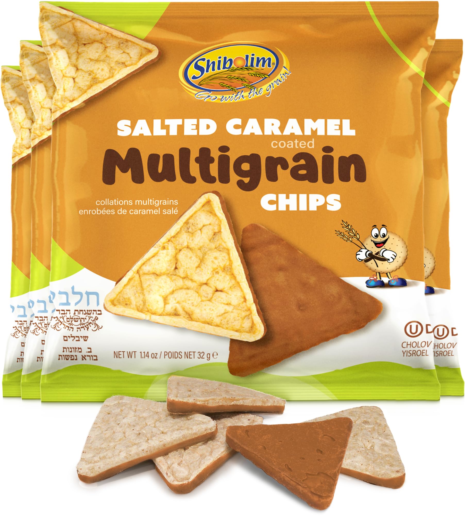 Shibolim Multigrain Salted Caramel Rice Chips - Gluten Free, Low Calorie Snack, Chocolate Rice Cakes, 1.14oz (4 Pack) | Perfect for Office Snacks, Healthy Dessert & On-the-Go Treats