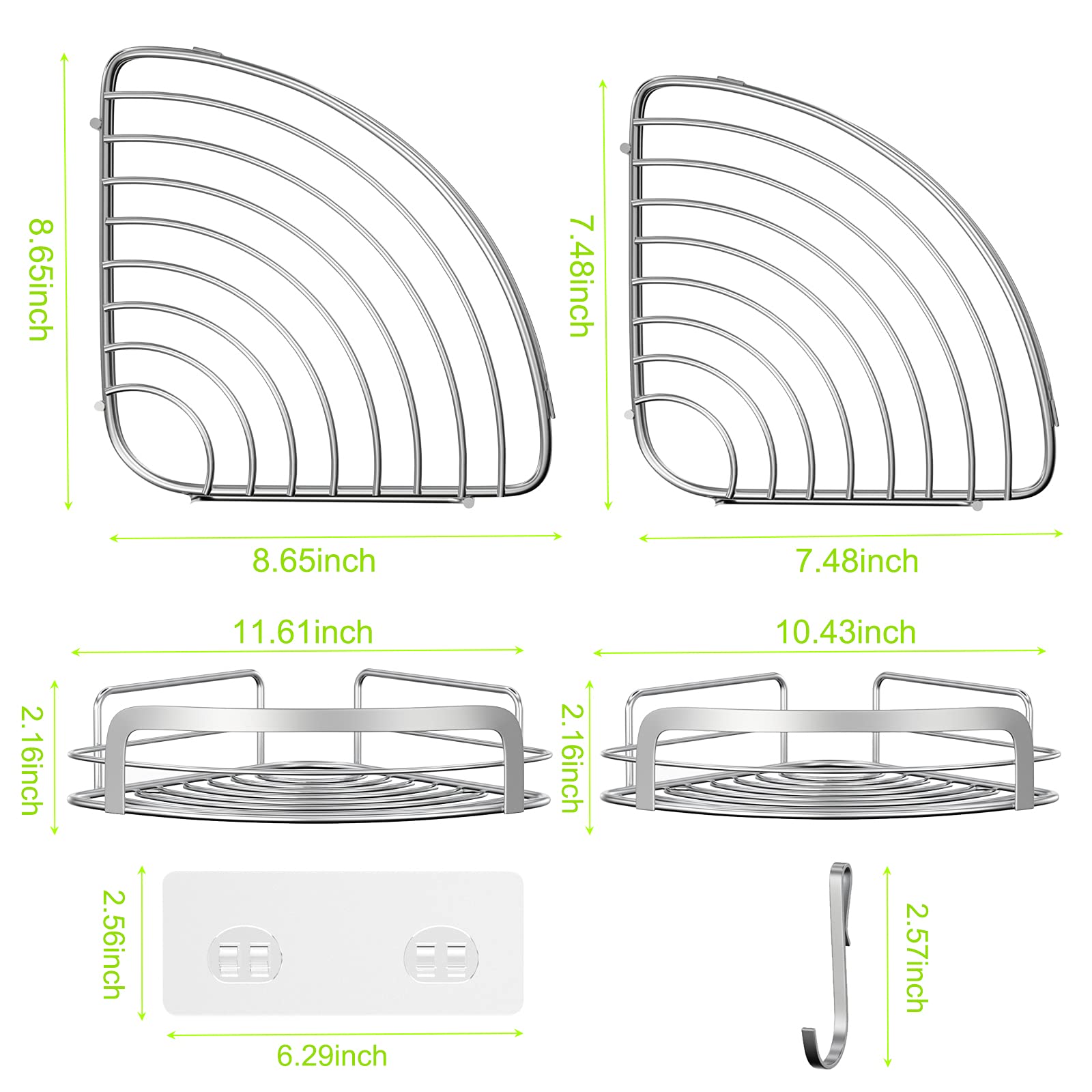 STEUGO 2 Pack Corner Shower Caddy - No Drill Adhesive Wall Mounted Bathroom Shelf with 4 Adjustable Hooks - Rustproof Stainless Steel Storage Organizer for Shampoo, Soap & Bath Accessories - Perfect for Small Showers, Apartments & Dorm Rooms