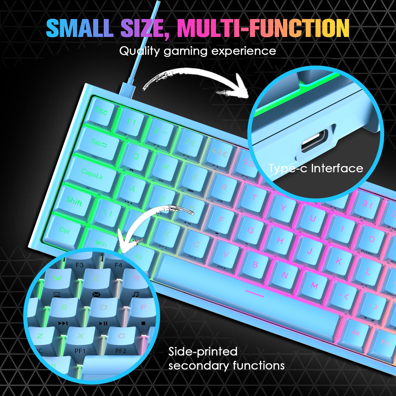 LexonElec 60% RGB Mechanical Gaming Keyboard - Compact 68-Key with Red Switches for PC/MAC/PS4 Gamers & Office Use