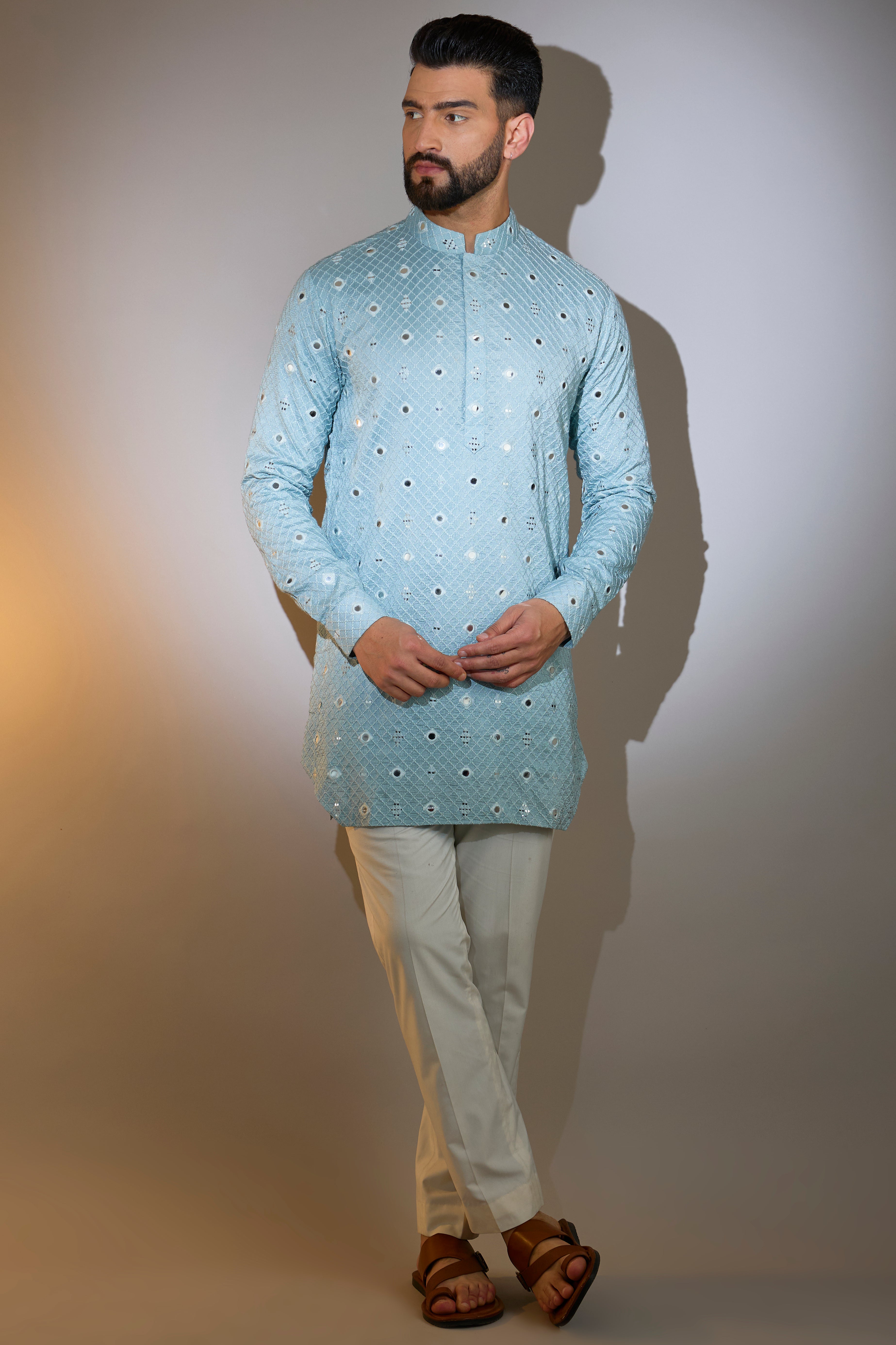 Powder Blue Short Mirror Work Kurta for Women - Embroidered Indian Ethnic Top - Perfect for Festivals, Parties & Casual Wear