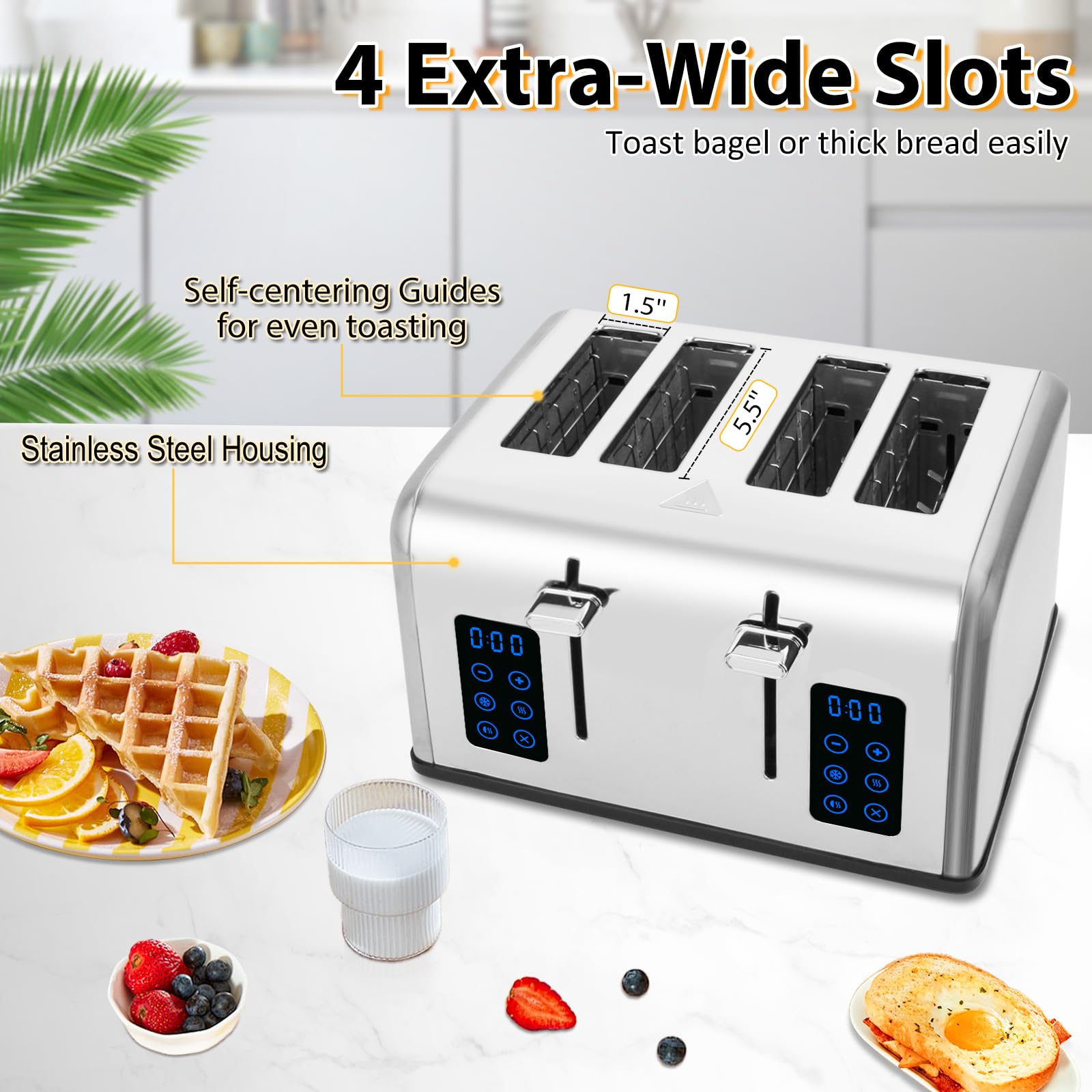 4 Slice Toaster with Extra-Wide Slots - Dual Independent Controls, 6 Toast Levels, Defrost/Reheat/Bagel Functions - 1650W Stainless Steel Toaster for Bagels, Thick Bread & Pastries - Perfect for Breakfast, Brunch & Family Dining